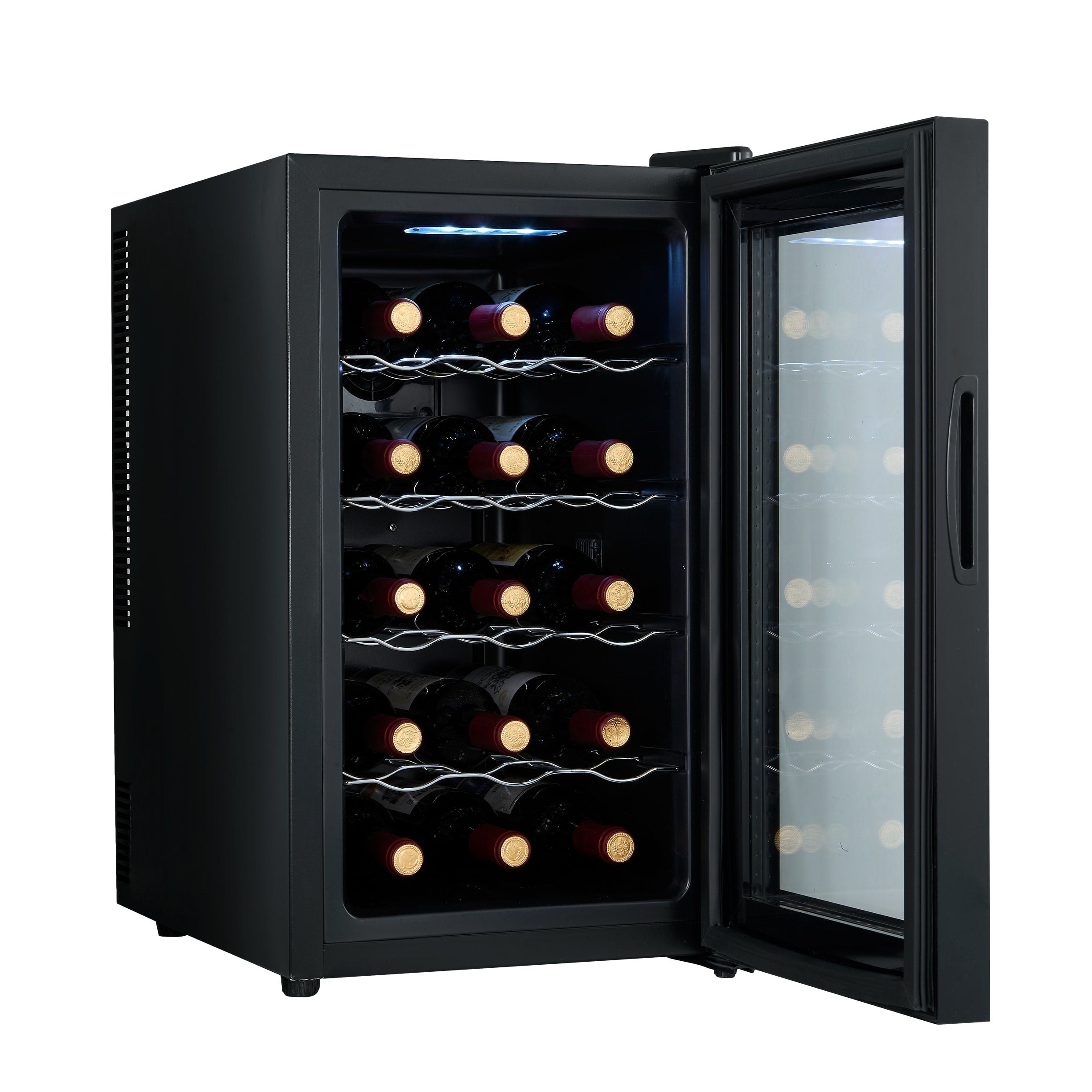 Black wine cooler with open door, revealing bottles of wine on racks.