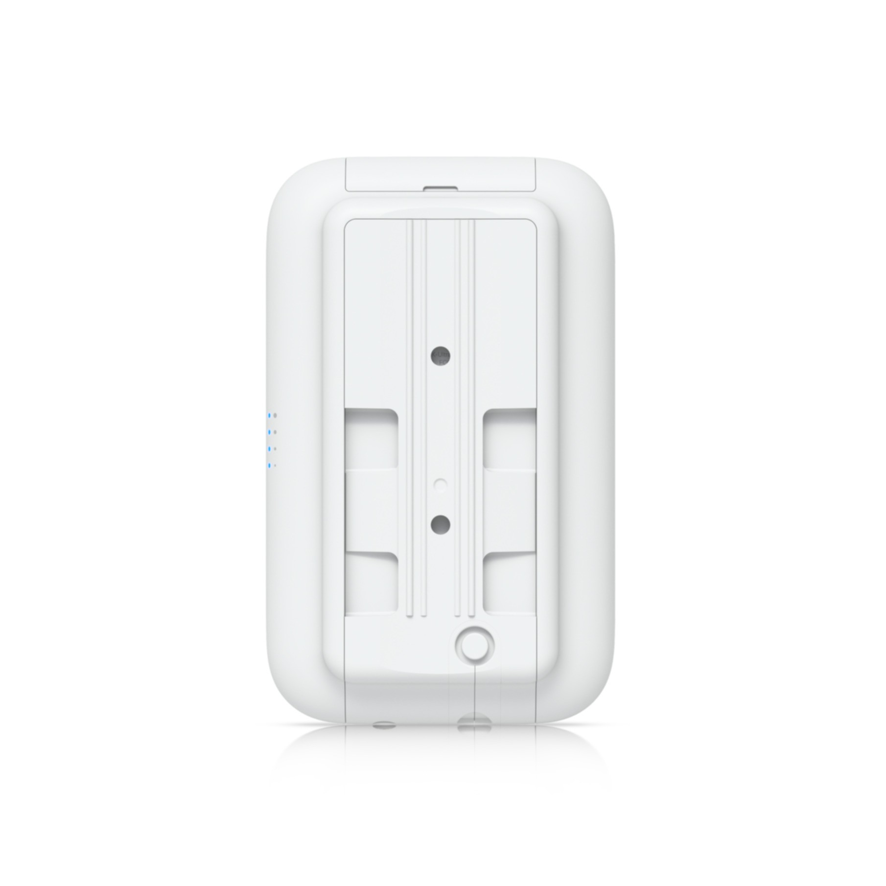 Białe urządzenie z uchwytem montażowym z tyłu. Urządzenie jest prostokątne z zaokrąglonymi krawędziami.