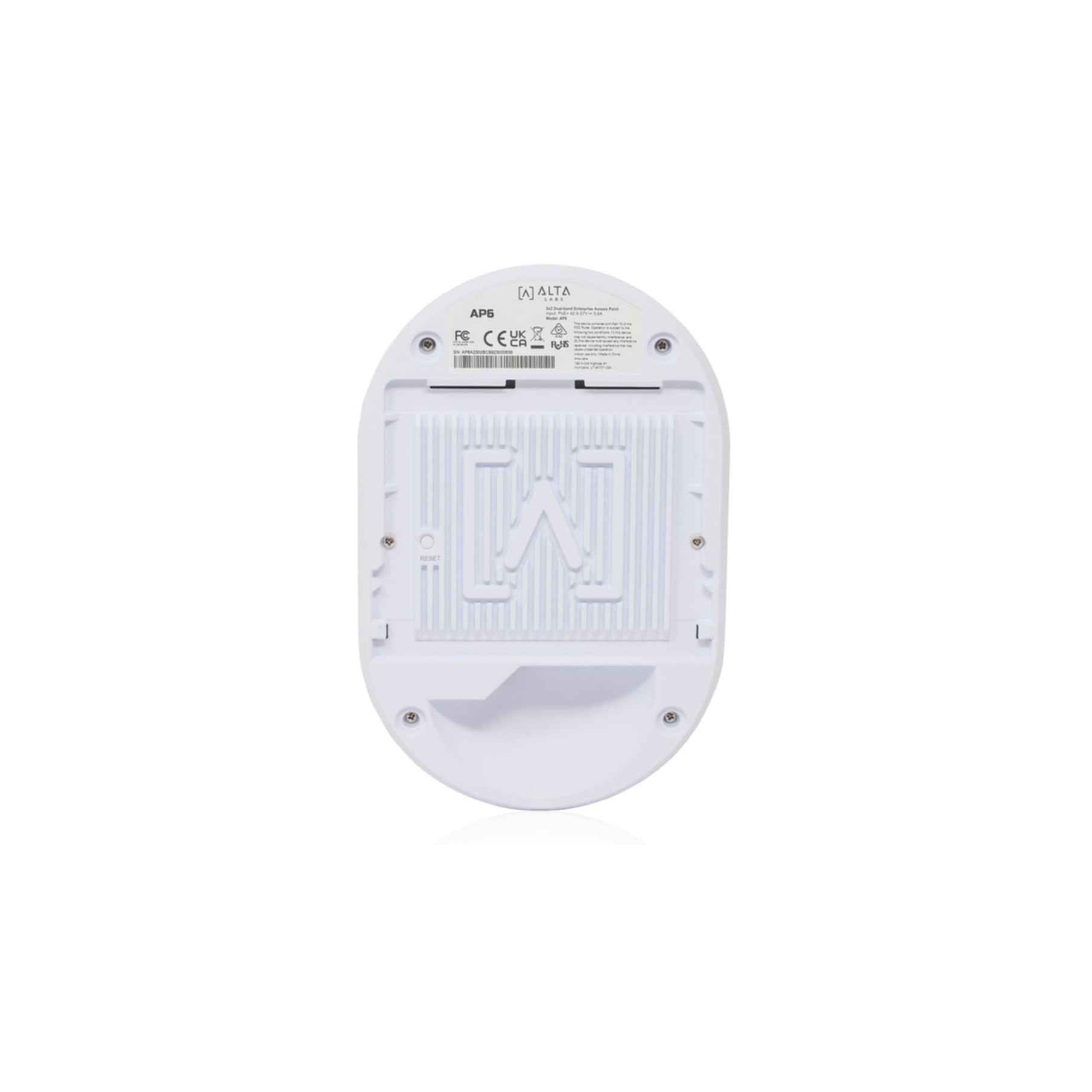 Biały punkt dostępowy Alta Labs AP6, widok od dołu, z widocznym przyciskiem resetowania.