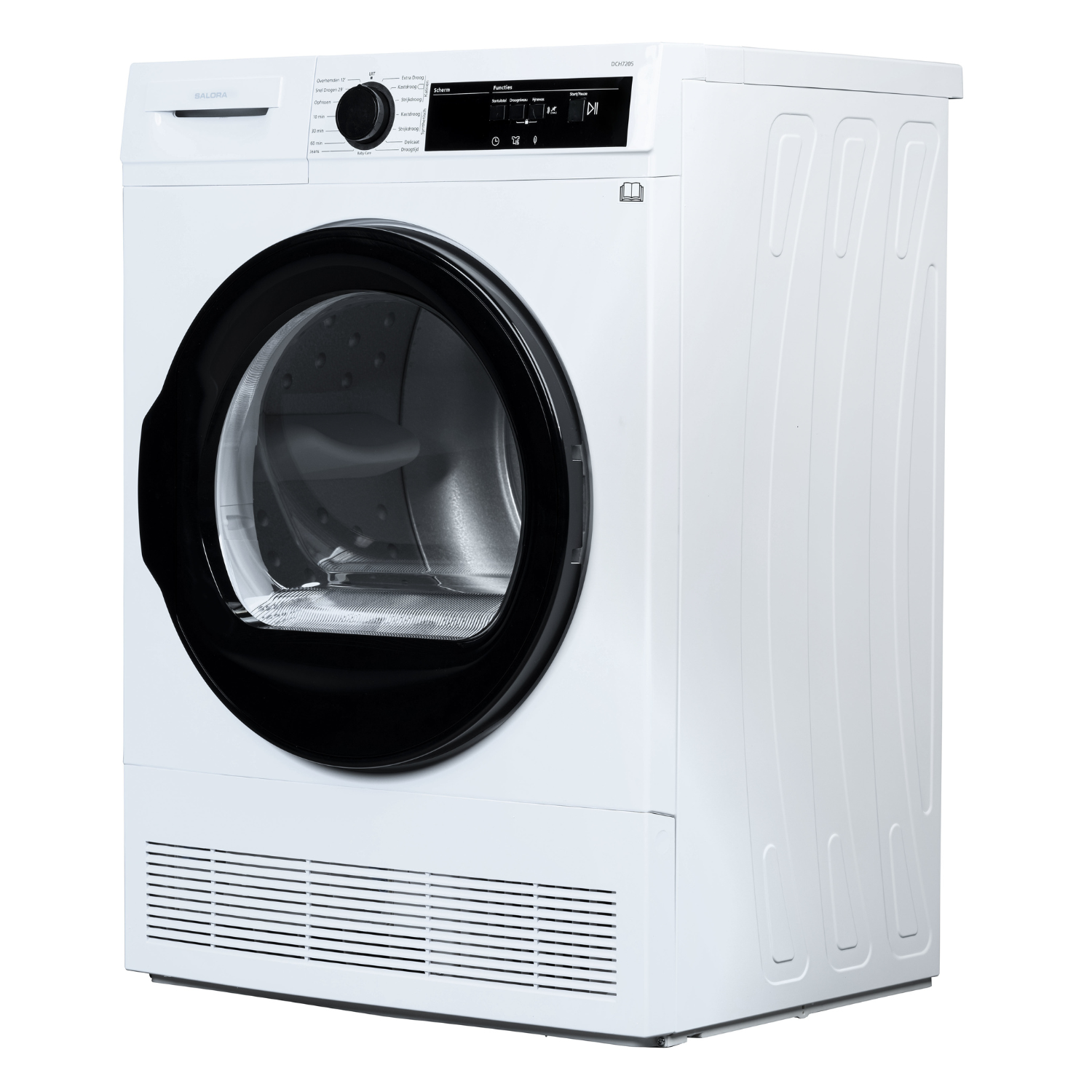 Un lave-linge blanc avec porte et panneau de commande noirs, isolé sur fond blanc.