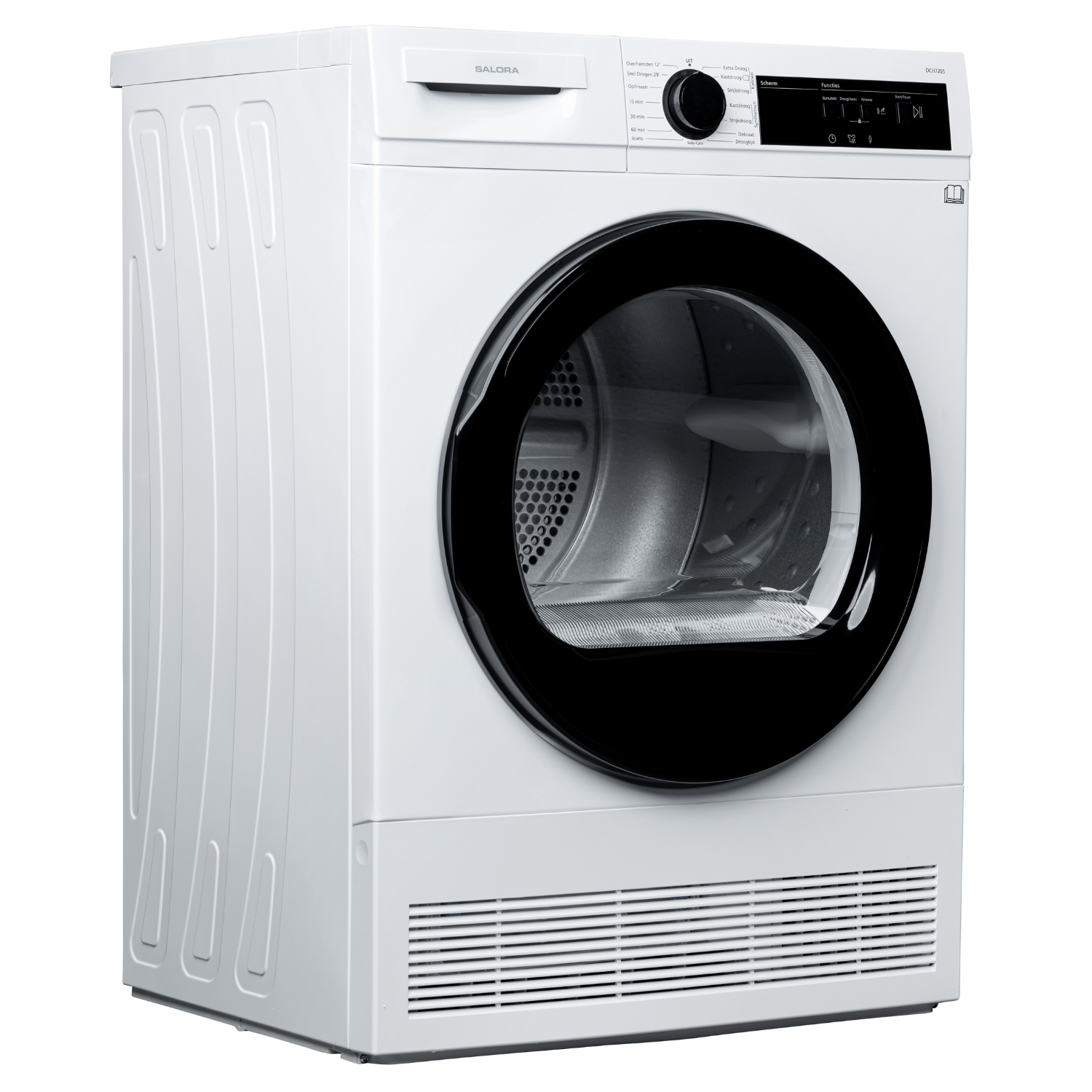 Un sèche-linge blanc. Il a une porte noire et un panneau de commande sur le dessus.