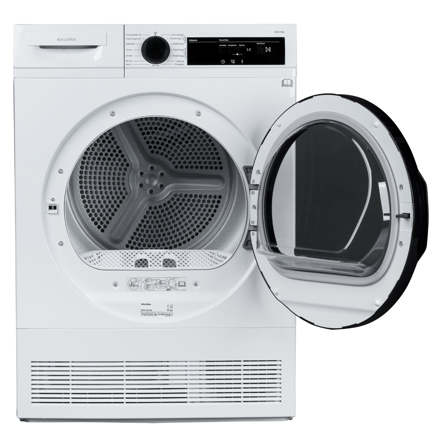 Sèche-linge blanc avec porte ouverte. Tambour intérieur visible. Commandes sur le panneau supérieur.