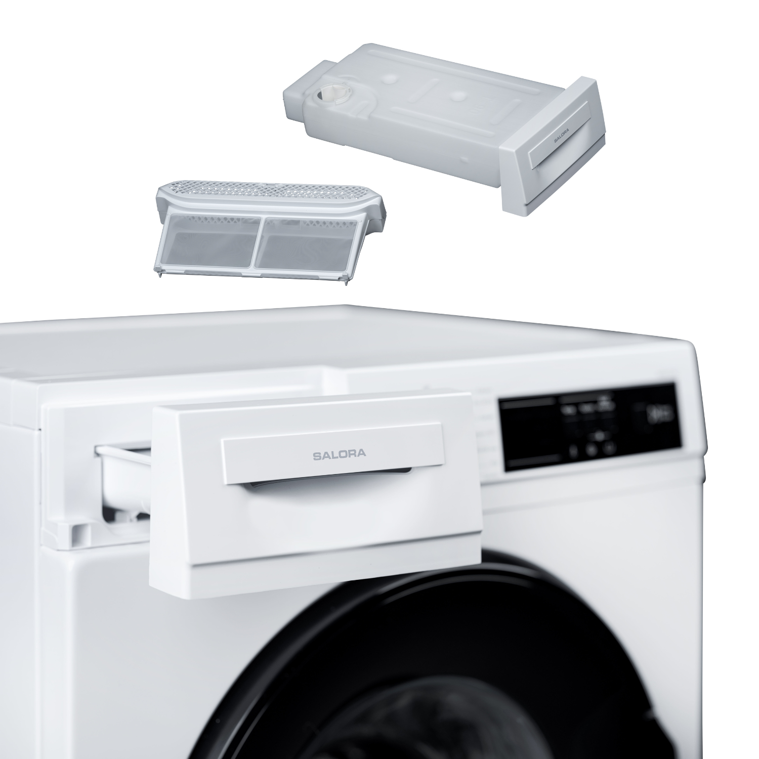 Pièces blanches de sèche-linge. Un filtre et un récipient d'eau sont affichés. Le sèche-linge est blanc avec une porte noire.