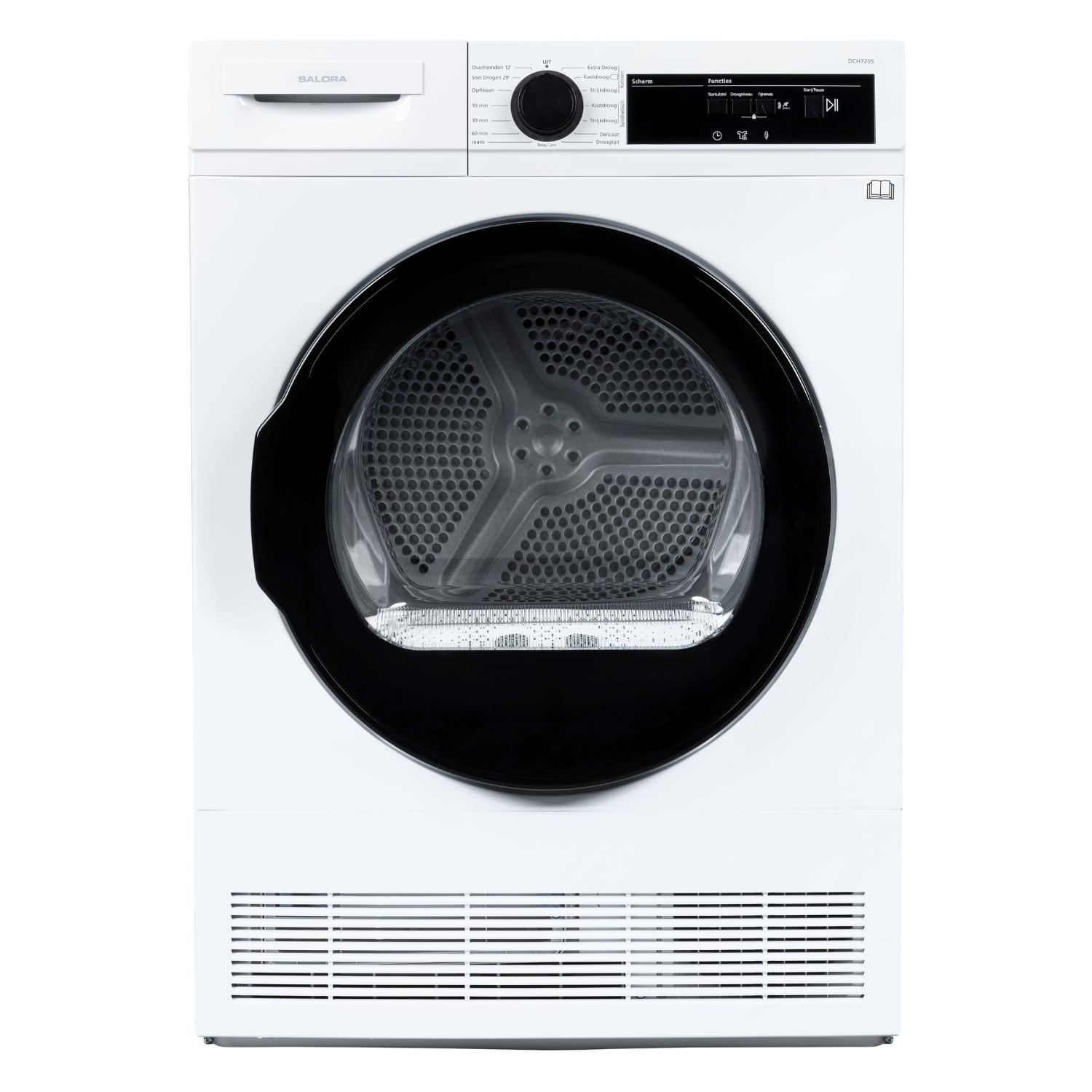 Sèche-linge Salora blanc avec porte noire. Panneau de commande en haut.