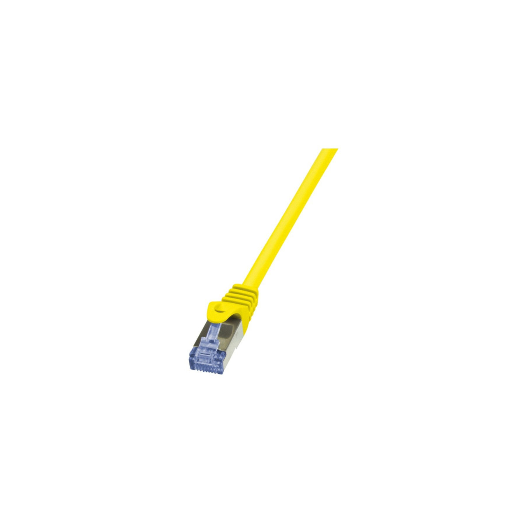 Een gele Ethernet-kabel, schuin naar de kijker toe. De connector is zilver.