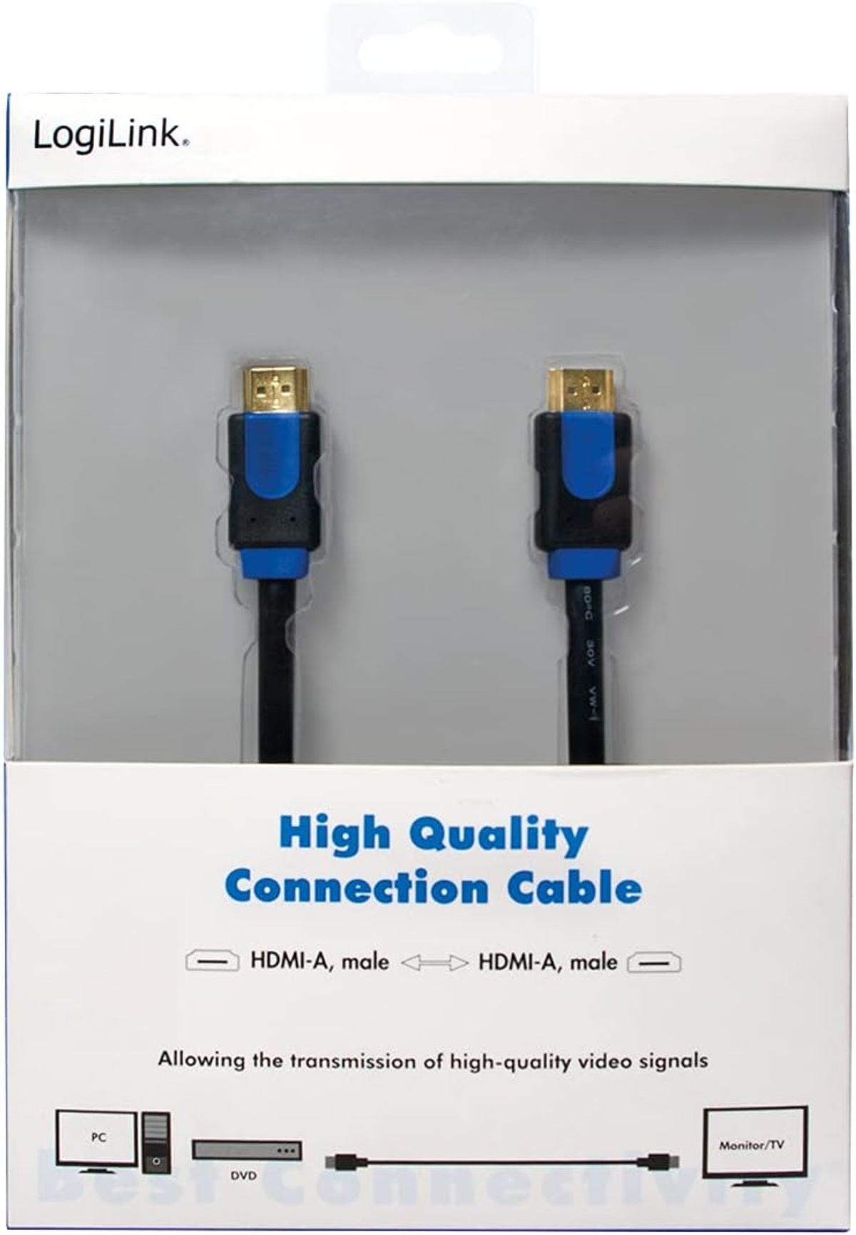 Emballage du câble HDMI LogiLink, avec câble noir et bleu visible. Texte : Câble de connexion de haute qualité.