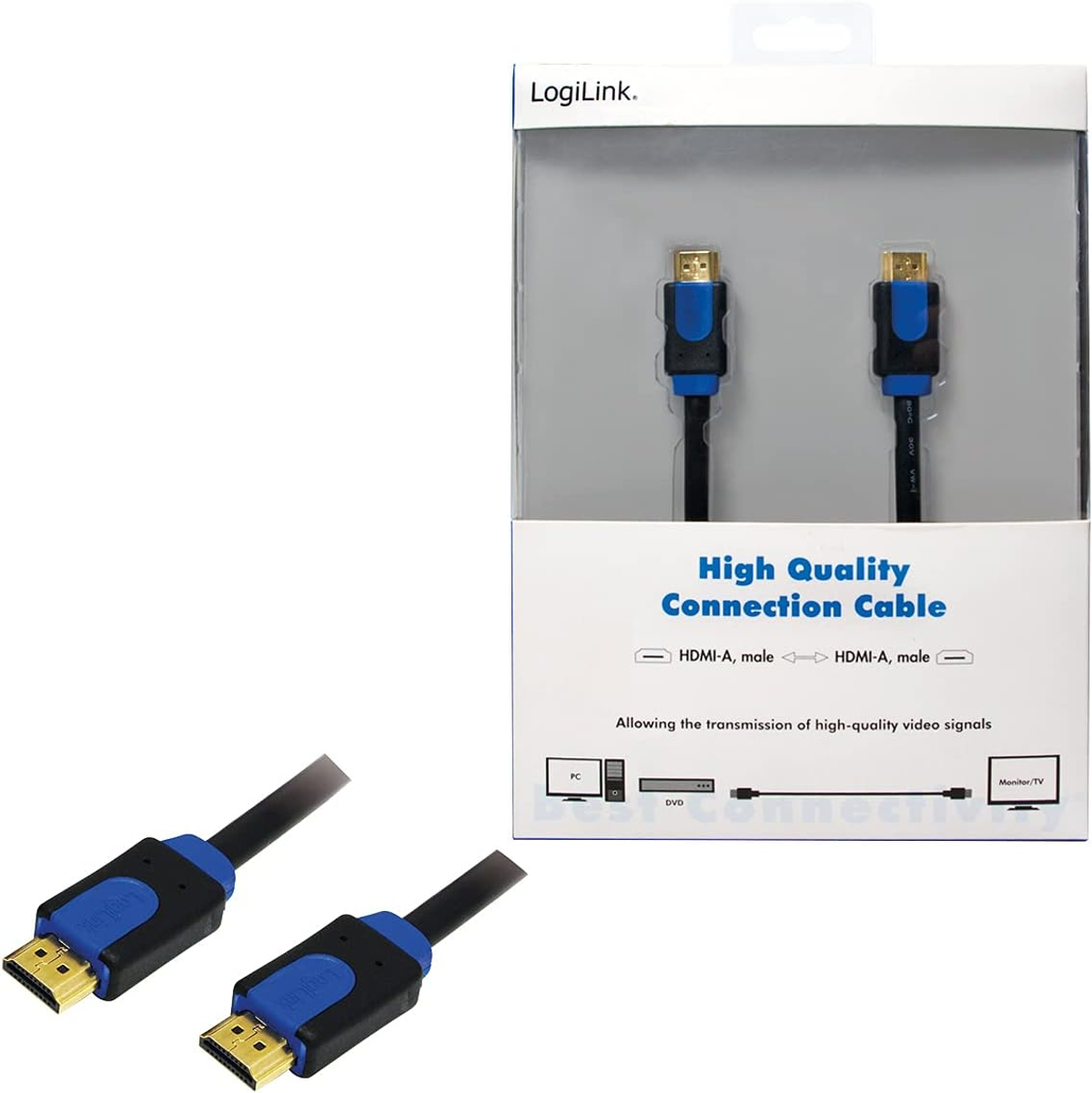 Une boîte blanche avec deux câbles HDMI noirs et bleus. La boîte affiche les caractéristiques.