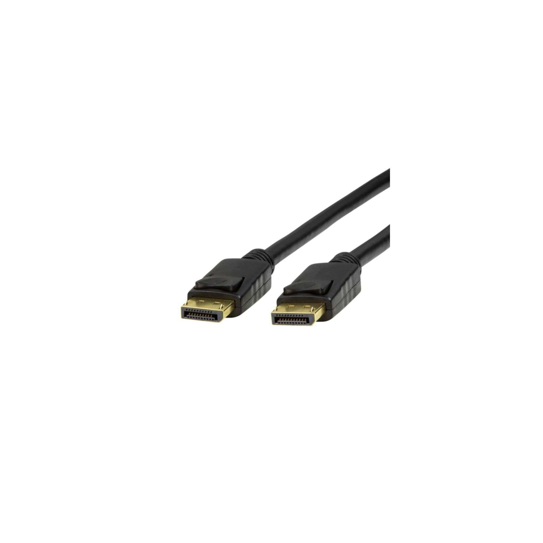 Czarny kabel DisplayPort ze złączami na obu końcach. Białe tło.