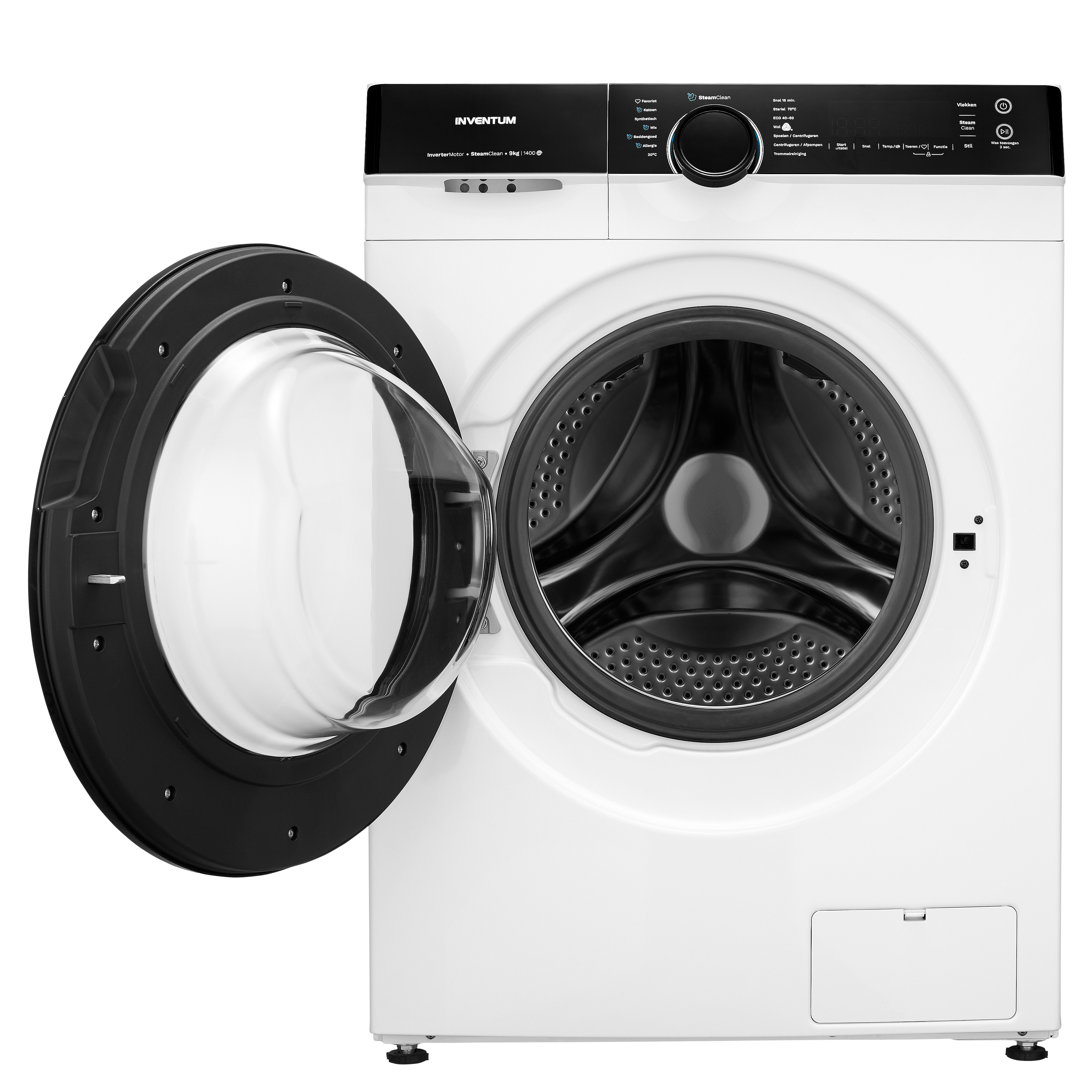 White washing machine with an open black door. The drum is visible. Brand Inventum is on top.