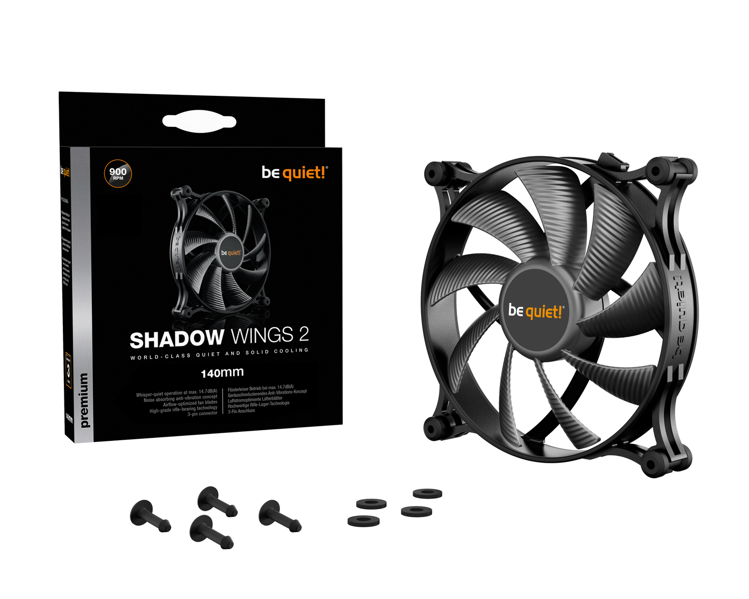 Ventilateur d'ordinateur noir et boîte. La boîte contient le texte Shadow Wings 2 et be quiet!