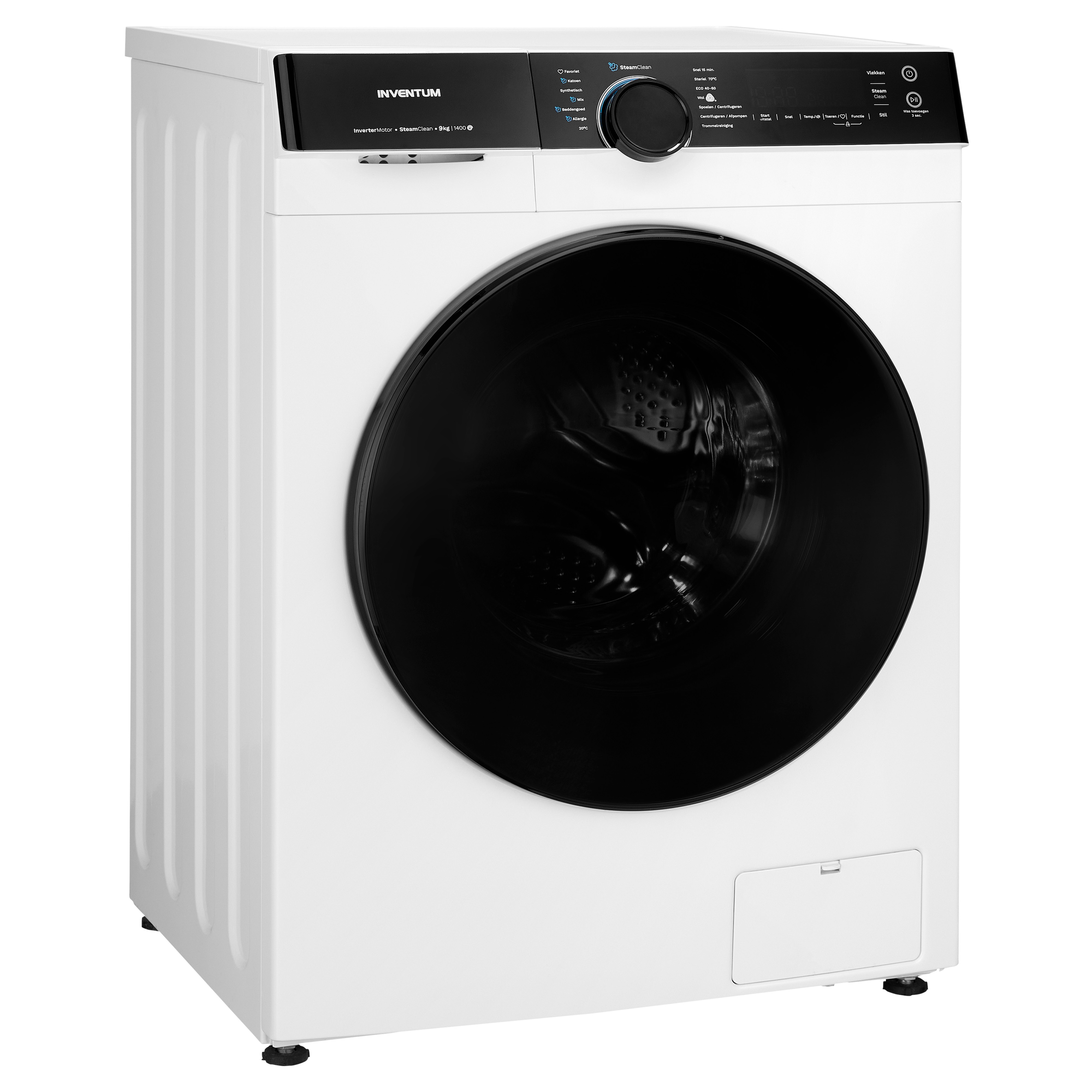 White washing machine with a black door and control panel.