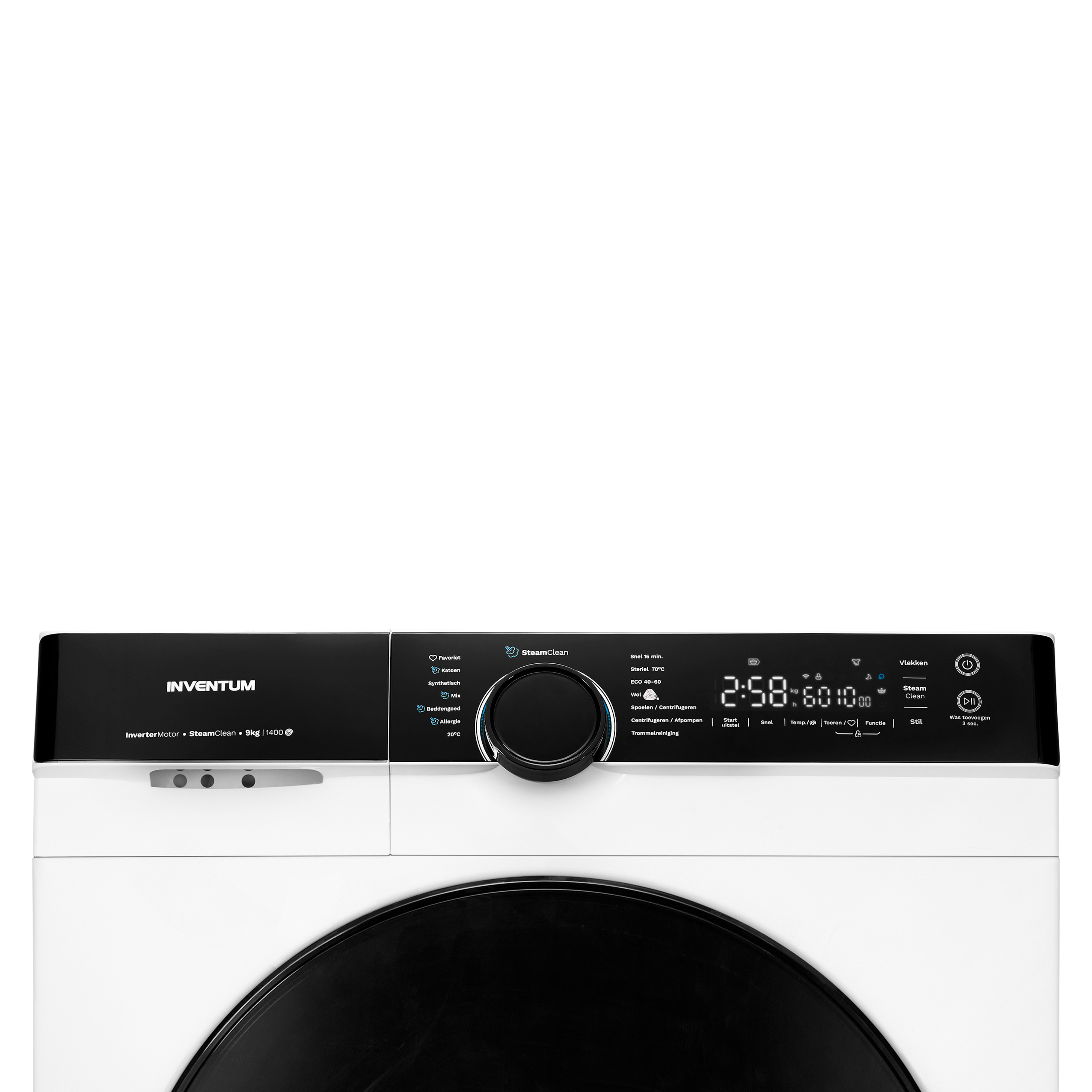 Washing machine control panel with digital display. The panel is black and white with several buttons.