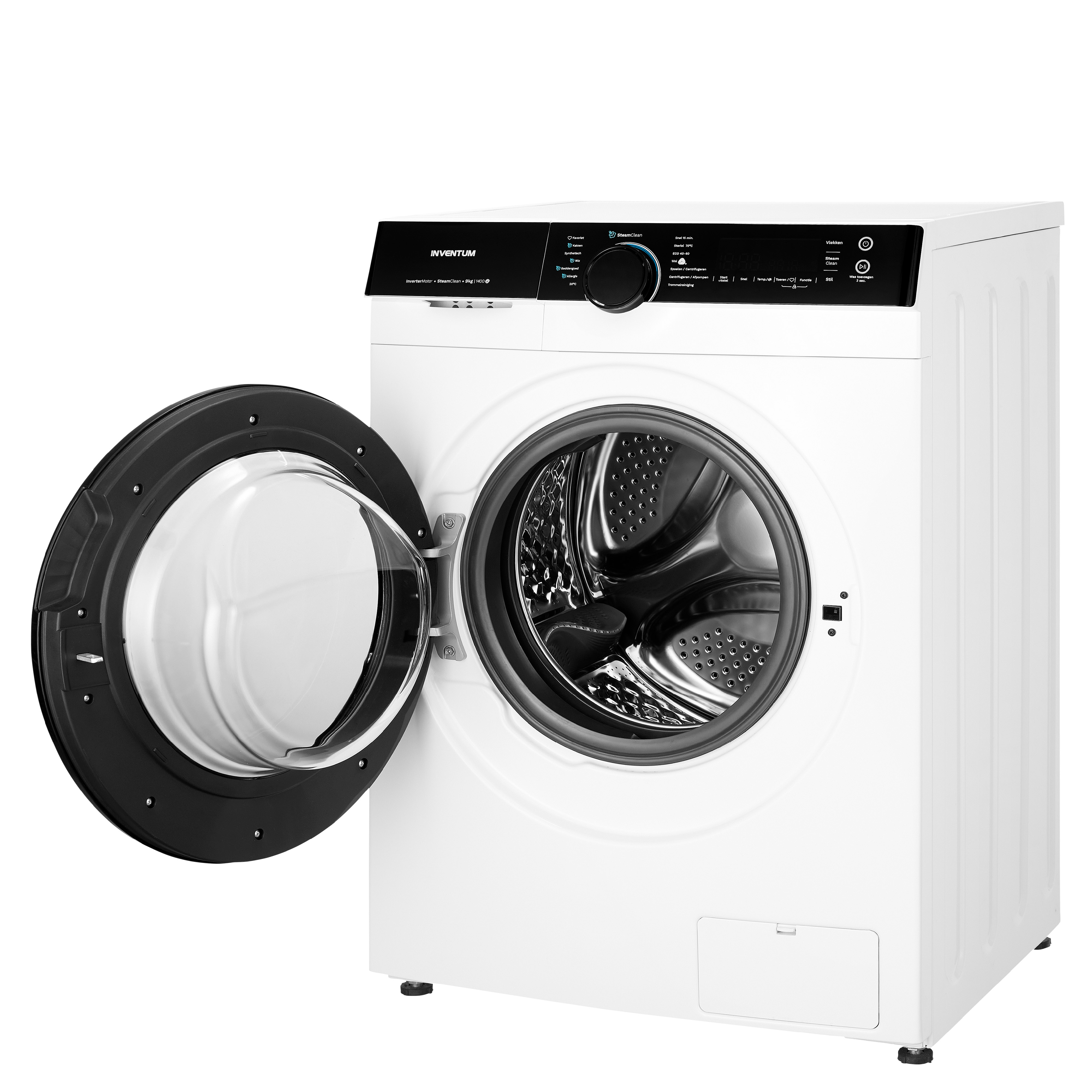 White washing machine with an open black door revealing the inside.  The machine is off.
