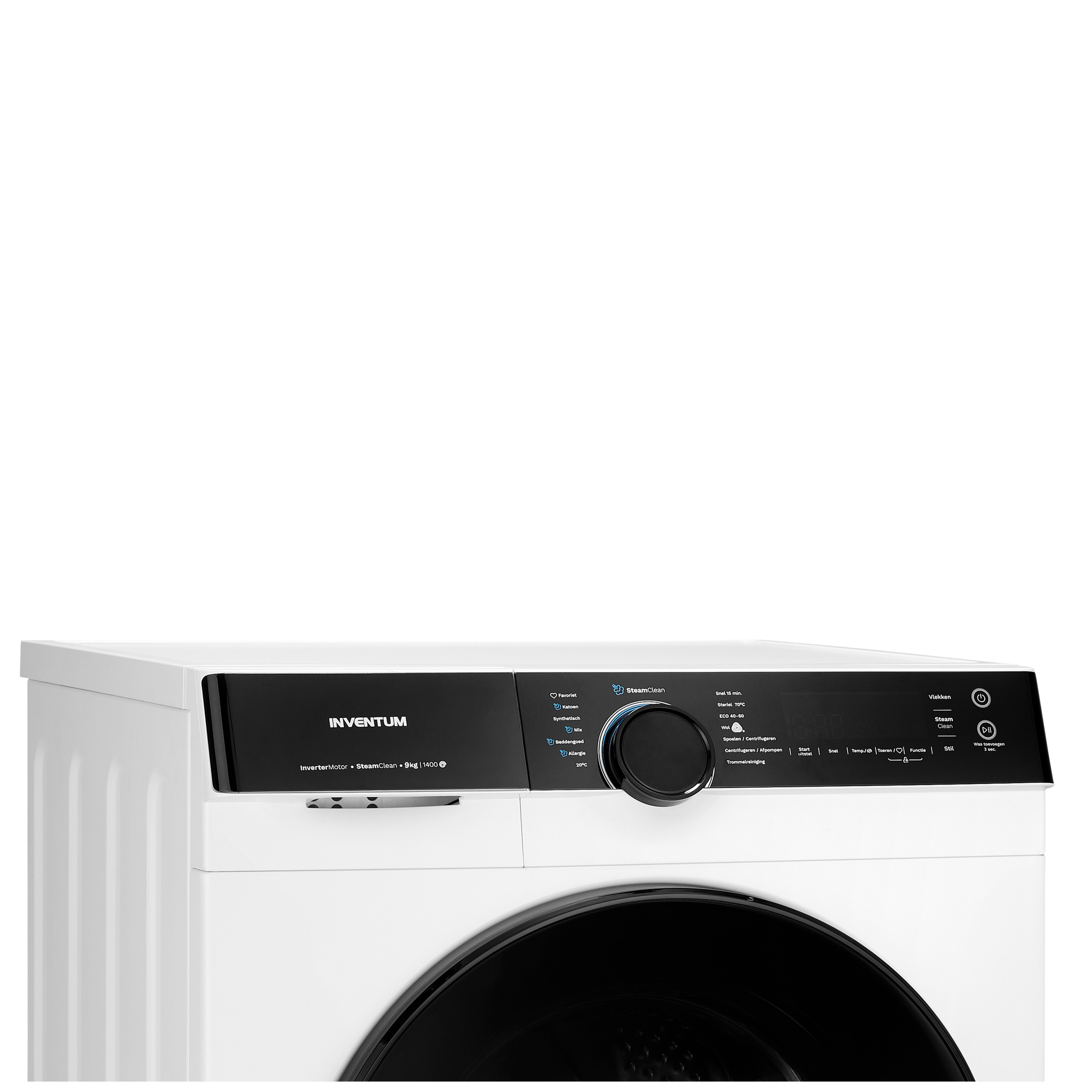 Close-up of a white washing machine control panel with black details. 