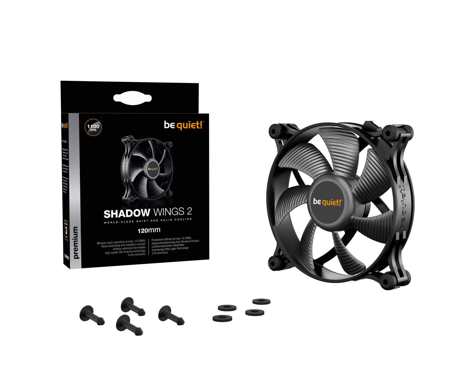 Be Quiet! Ventilateur Shadow Wings 2 et emballage. Un ventilateur est sur le côté droit de l'image.