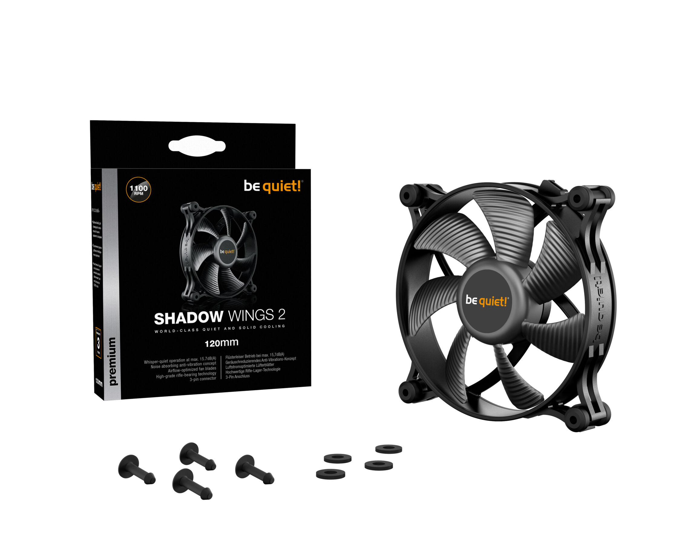 Une boîte noire avec un ventilateur à l'intérieur et un ventilateur noir séparé avec des pales, ainsi que des vis et des anneaux.
