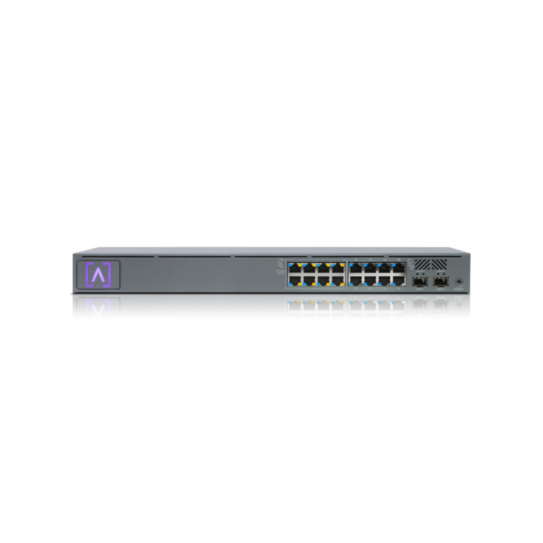 Switch di rete grigio con più porte e un logo a sinistra.