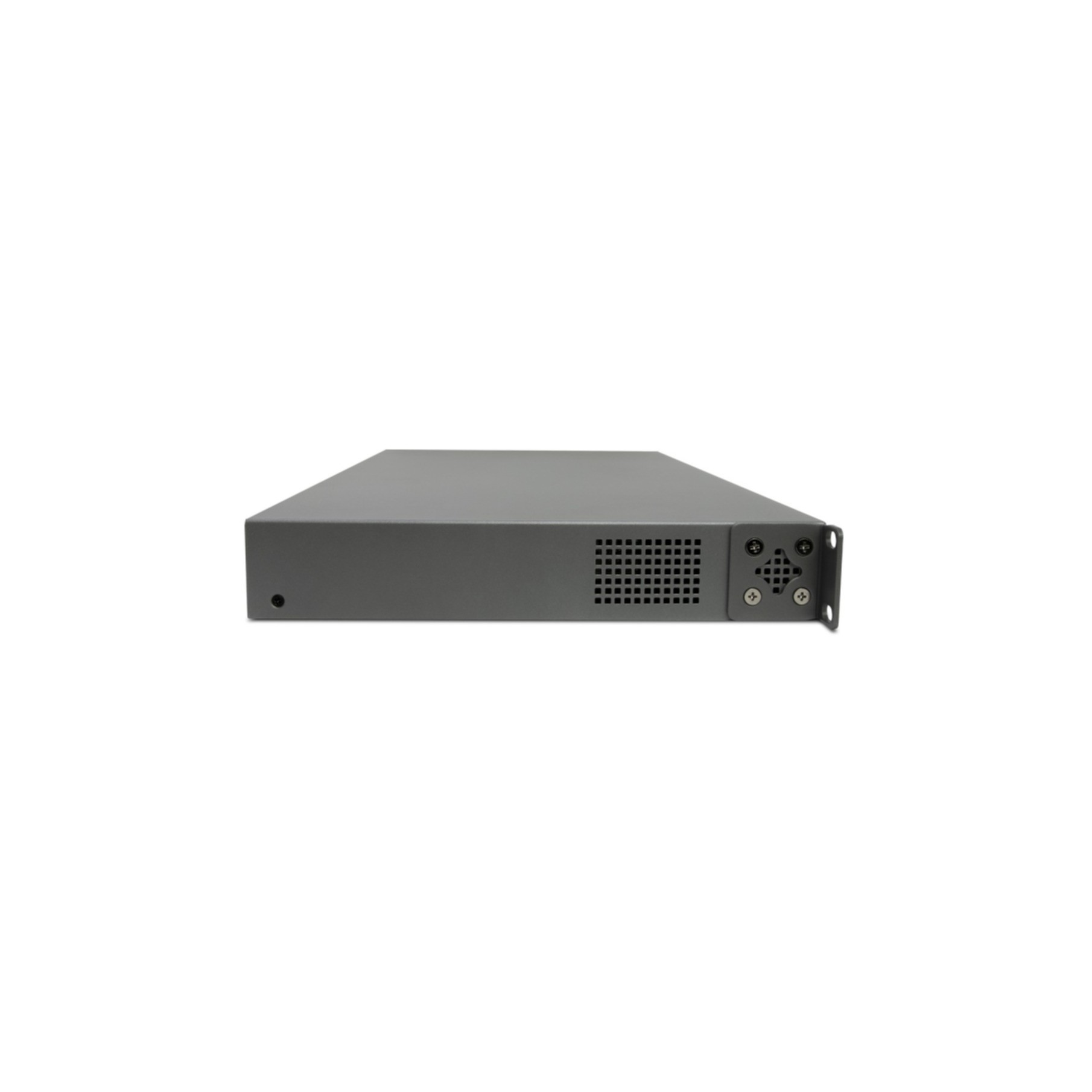 Ein graues Server-Rack-Gerät mit einem Gitter aus Lüftungsöffnungen und Halterungen, auf weißem Hintergrund.