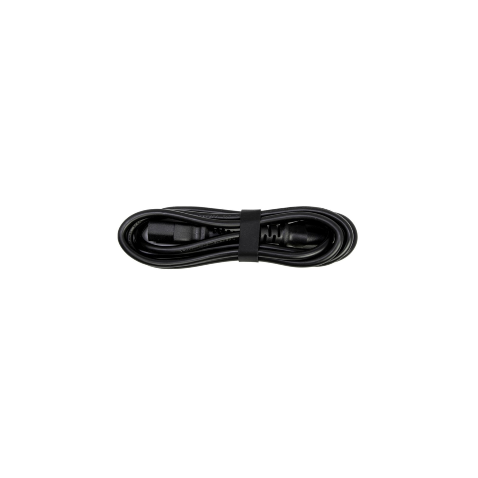 Ein schwarzes Kabel ist aufgerollt. Es hat an jedem Ende einen Stecker. Der Hintergrund ist weiß.