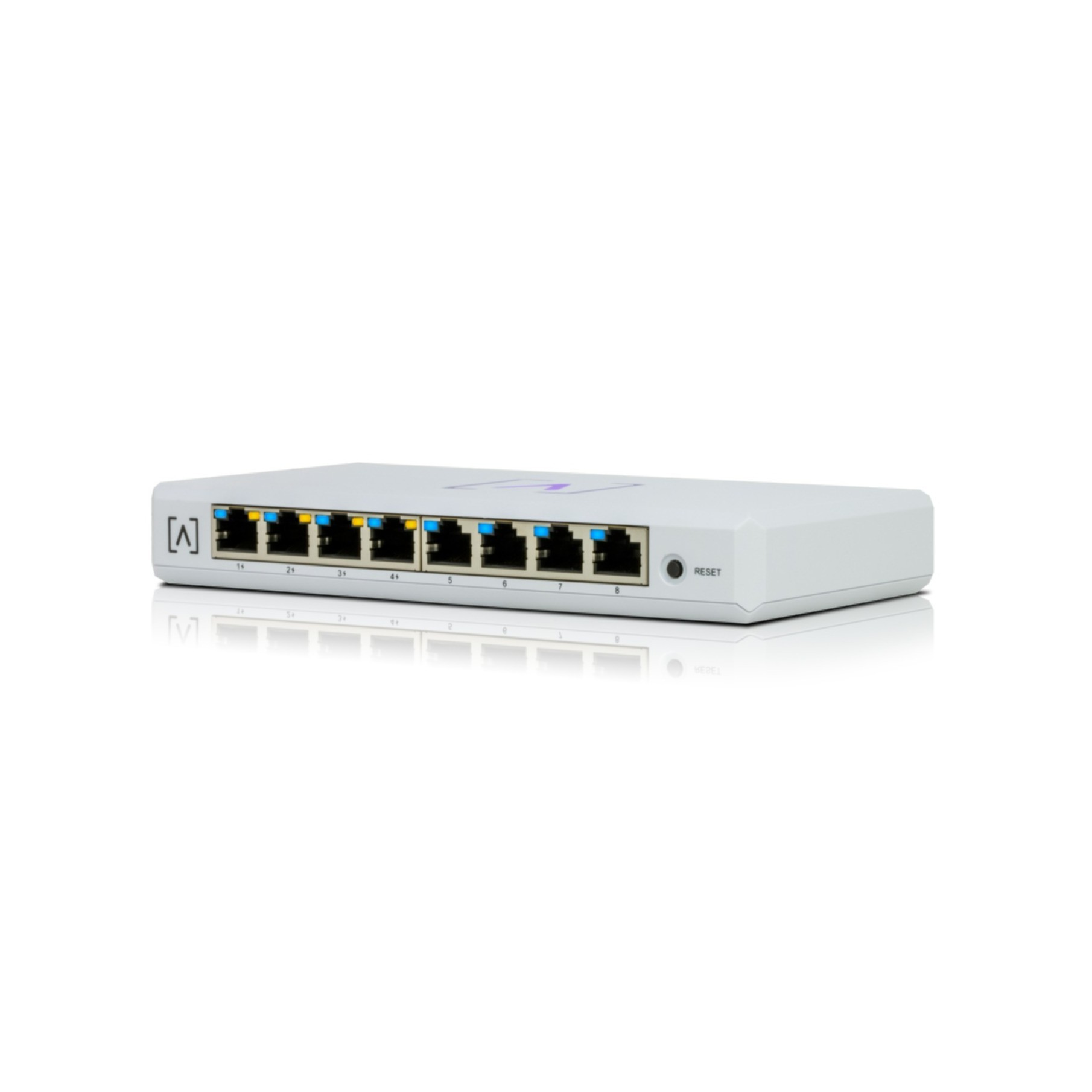 Uno switch di rete bianco con otto porte. Le porte sono numerate e colorate.