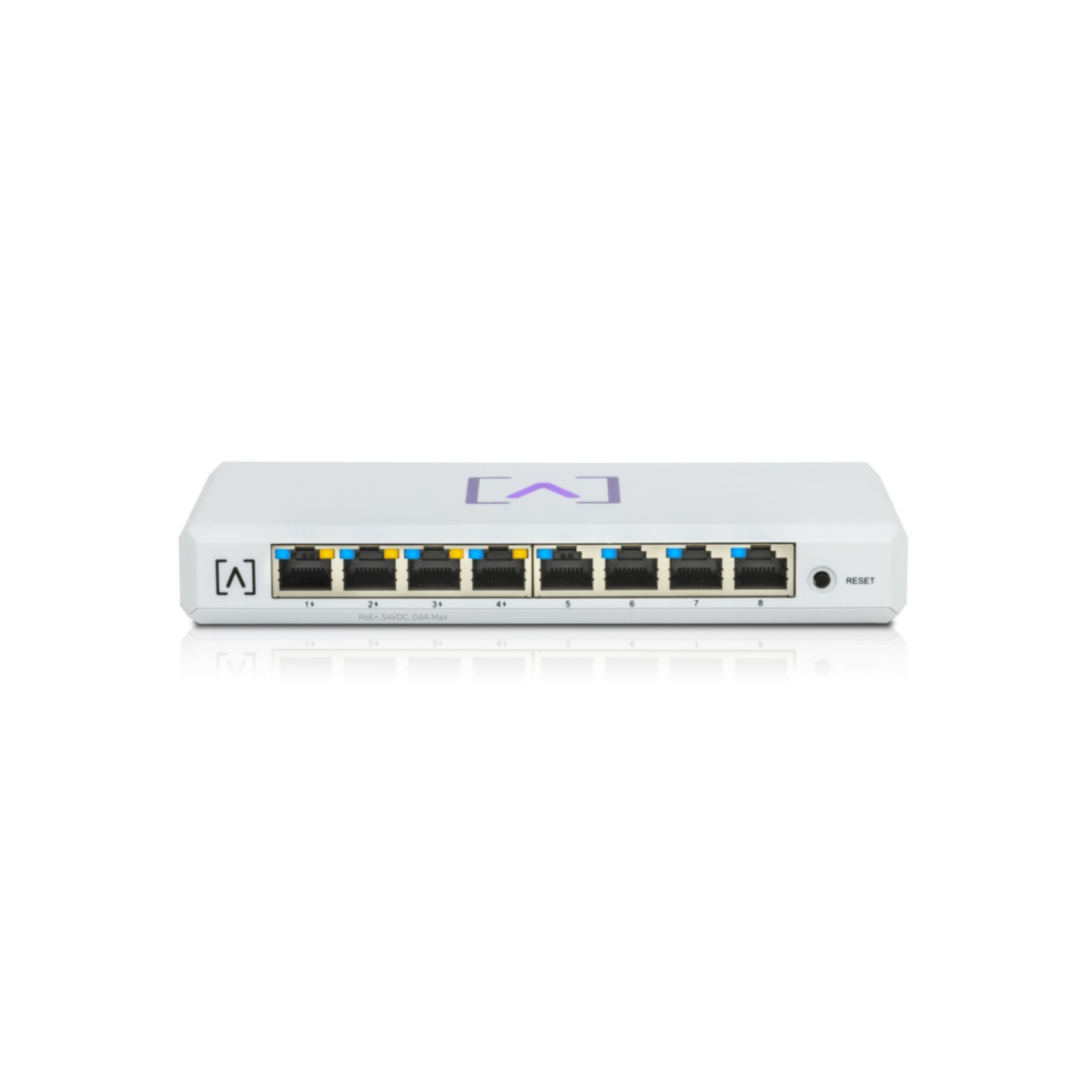 Uno switch di rete bianco con otto porte e un pulsante di reset. Il dispositivo ha un logo viola.