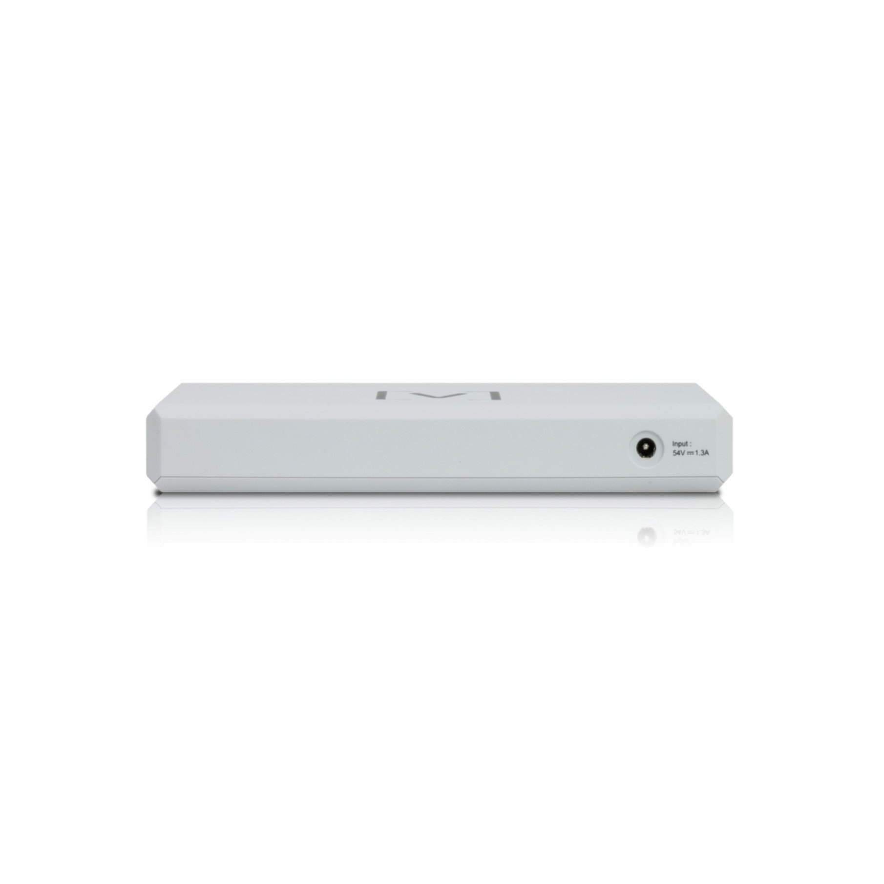Dispositivo elettronico bianco con porte di ingresso e uscita sul retro.