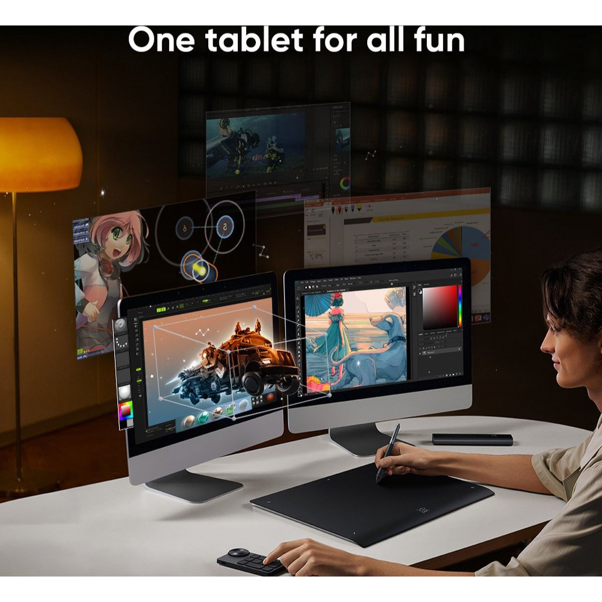 Persona che utilizza un tablet digitale collegato a due monitor. Vengono visualizzate varie applicazioni di design.