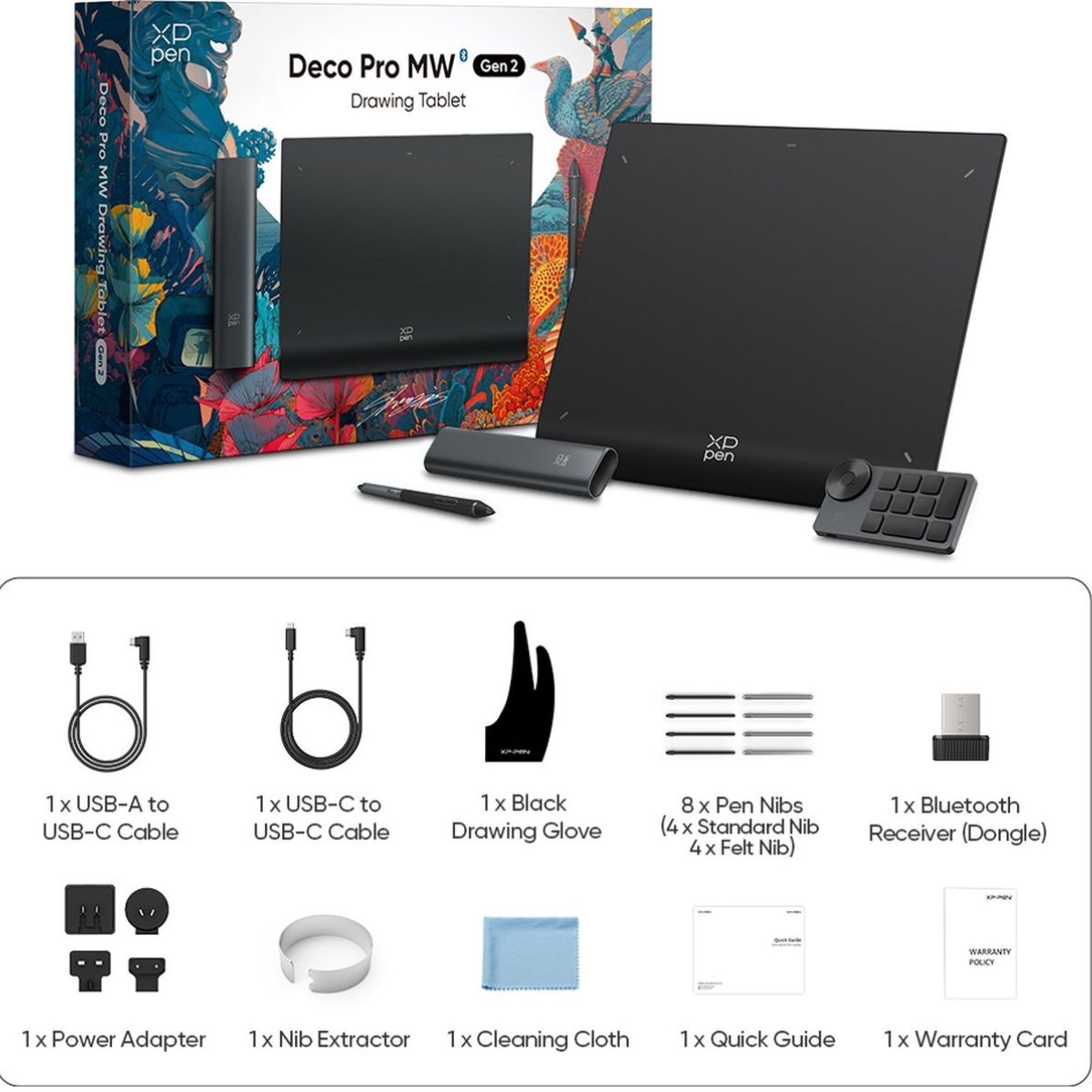 Scatola e contenuto della tavoletta grafica Xp Pen Deco Pro MW, penne, cavi e accessori.
