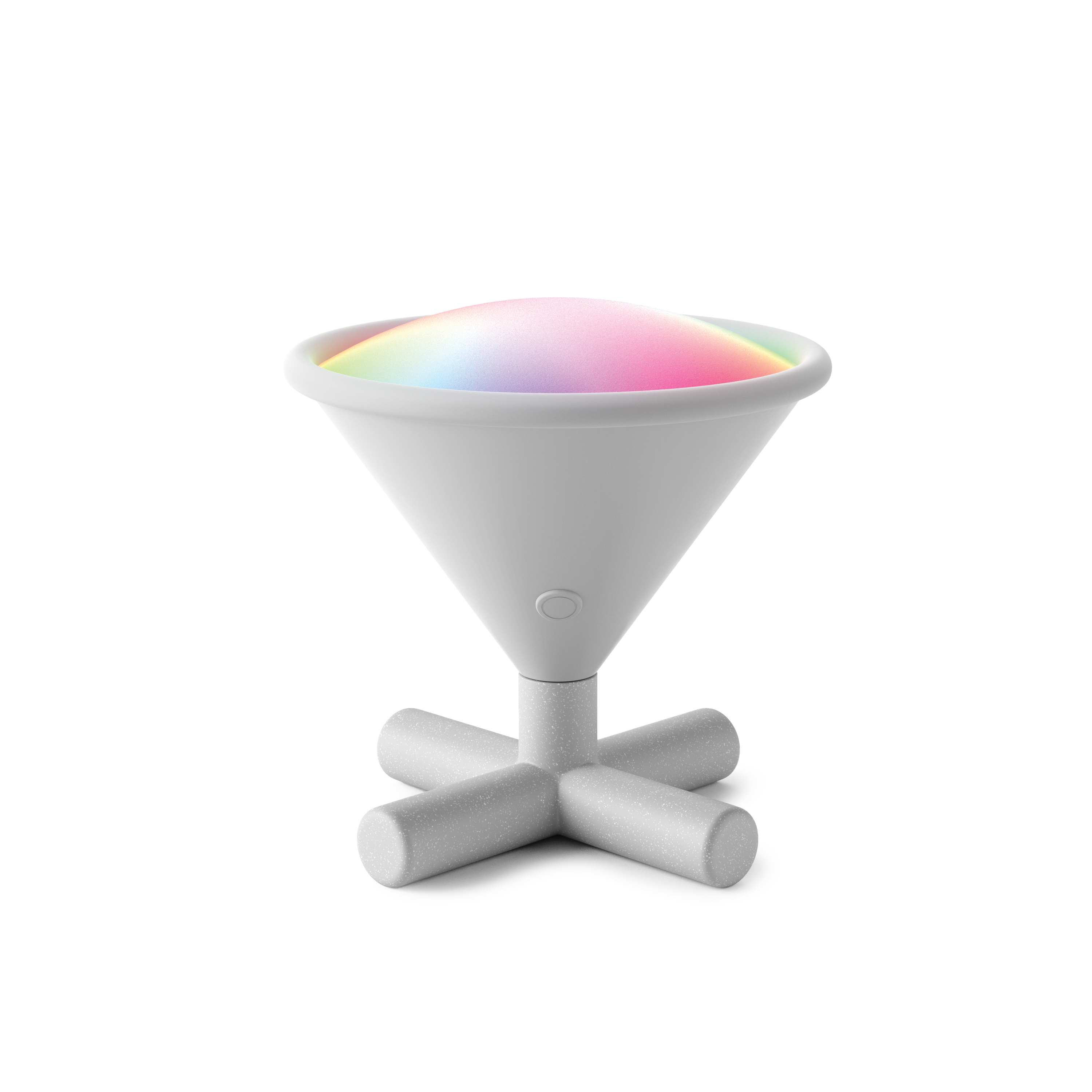 Una lampada bianca con una luce dai colori dell'arcobaleno che emana dalla parte superiore, su sfondo bianco.