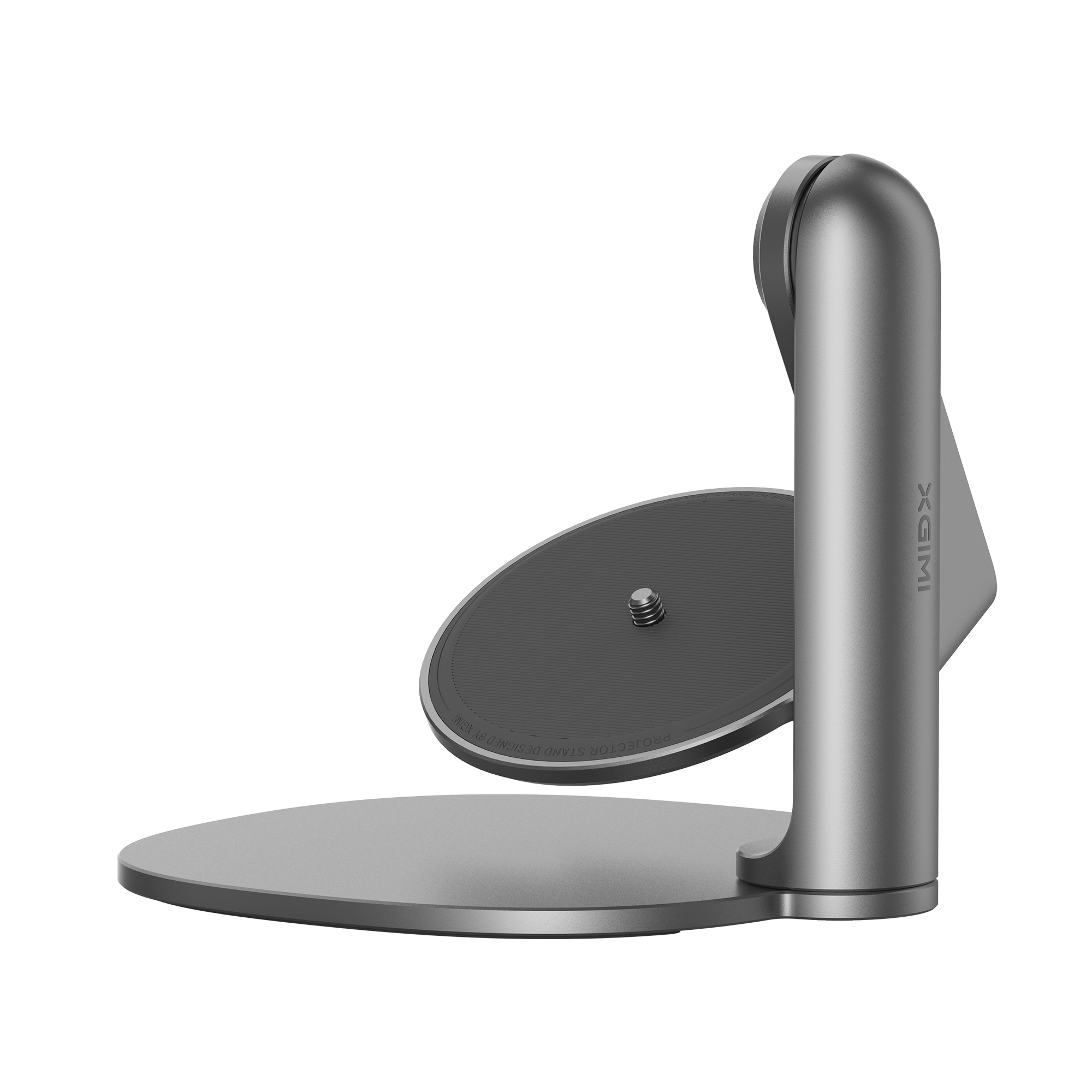 Silver projector stand with round base and adjustable arm, against white background.