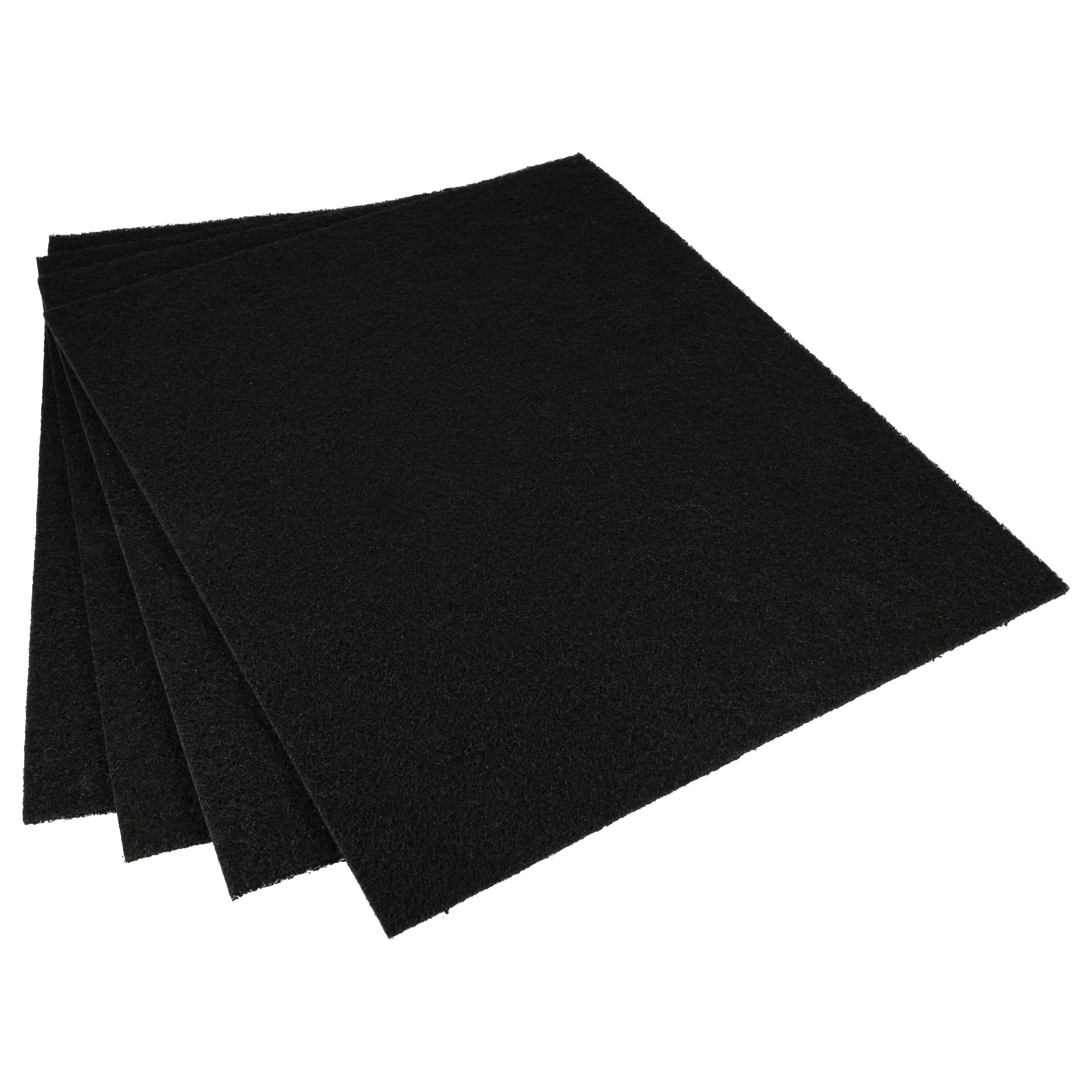 Vier schwarze, rechteckige Luftfilterplatten, die übereinander gestapelt sind, auf weißem Hintergrund.