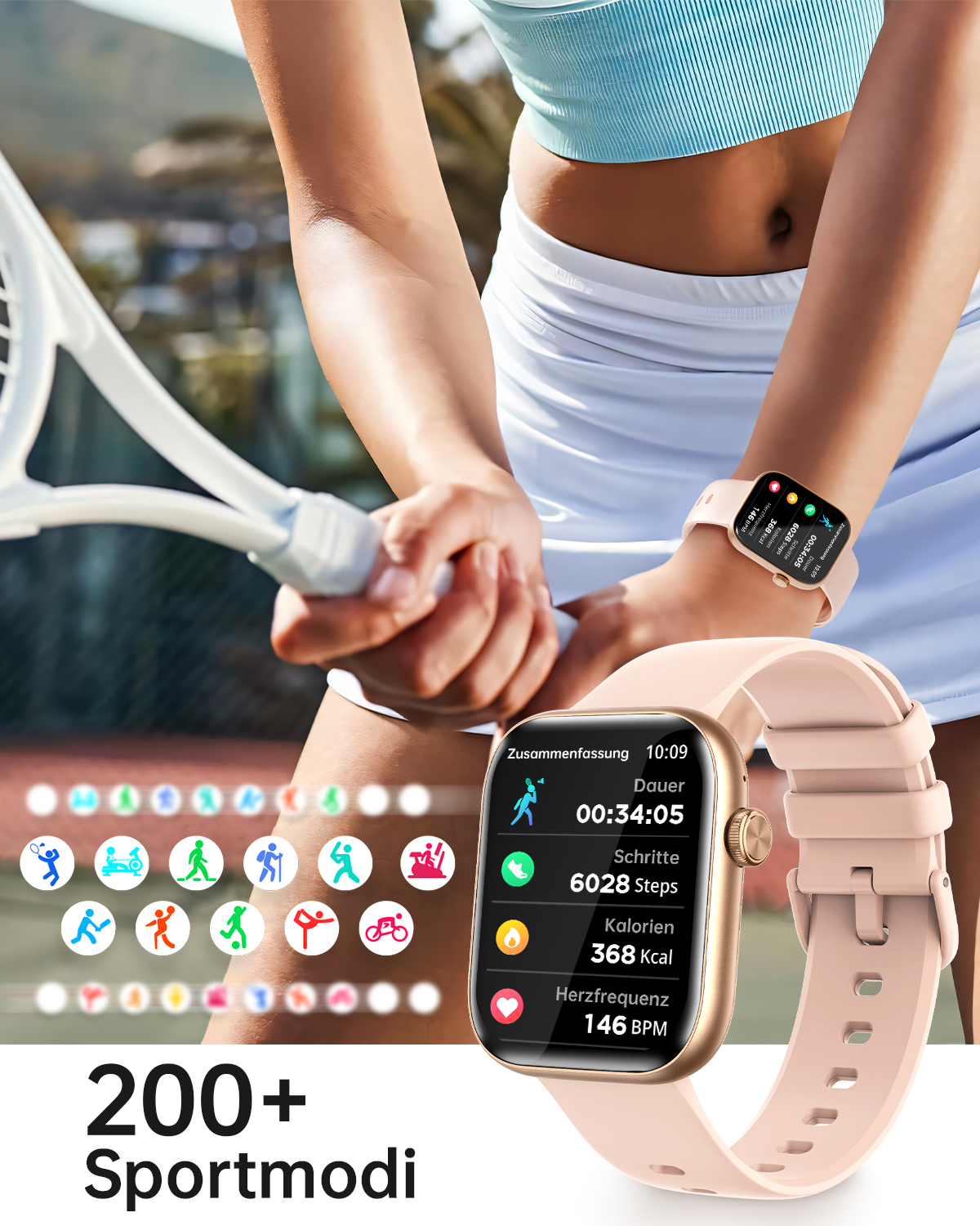 Eine Person, die eine Smartwatch mit Aktivitätsdaten trägt, die Schritte, Kalorien und Herzfrequenz anzeigt.