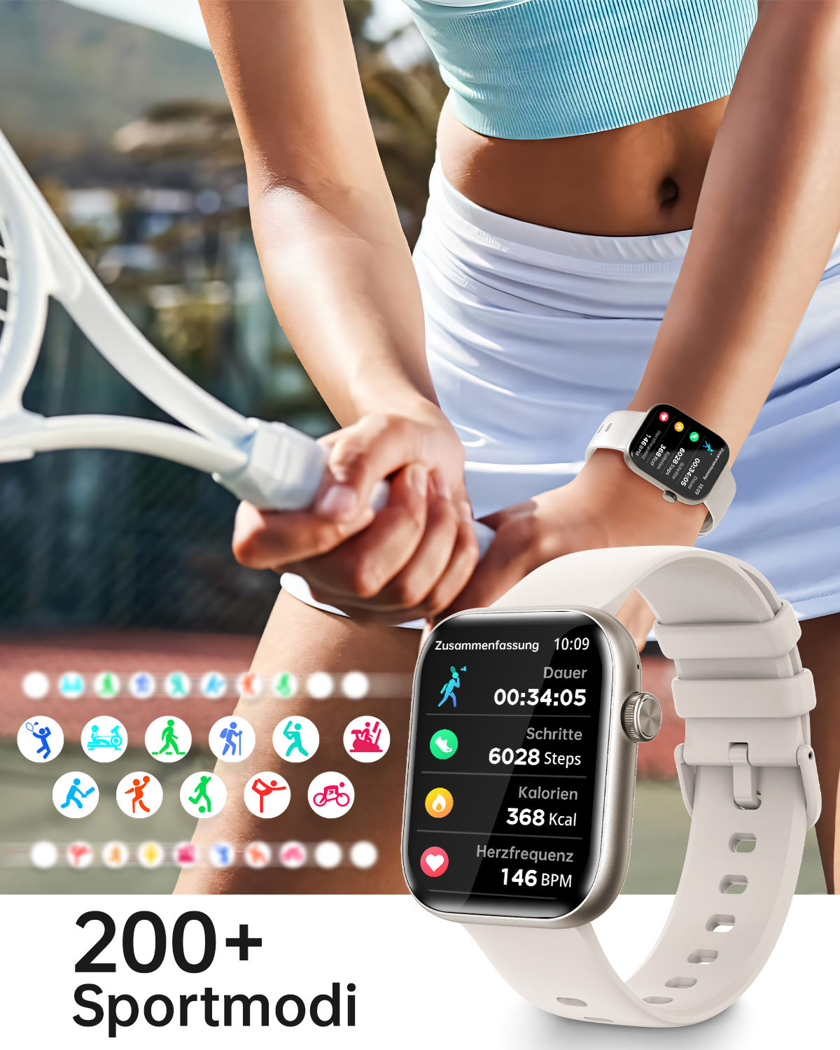 Eine Frau mit Smartwatch, die einen Tennisschläger hält. Smartwatch zeigt Schritte, Kalorien, Herzfrequenz.