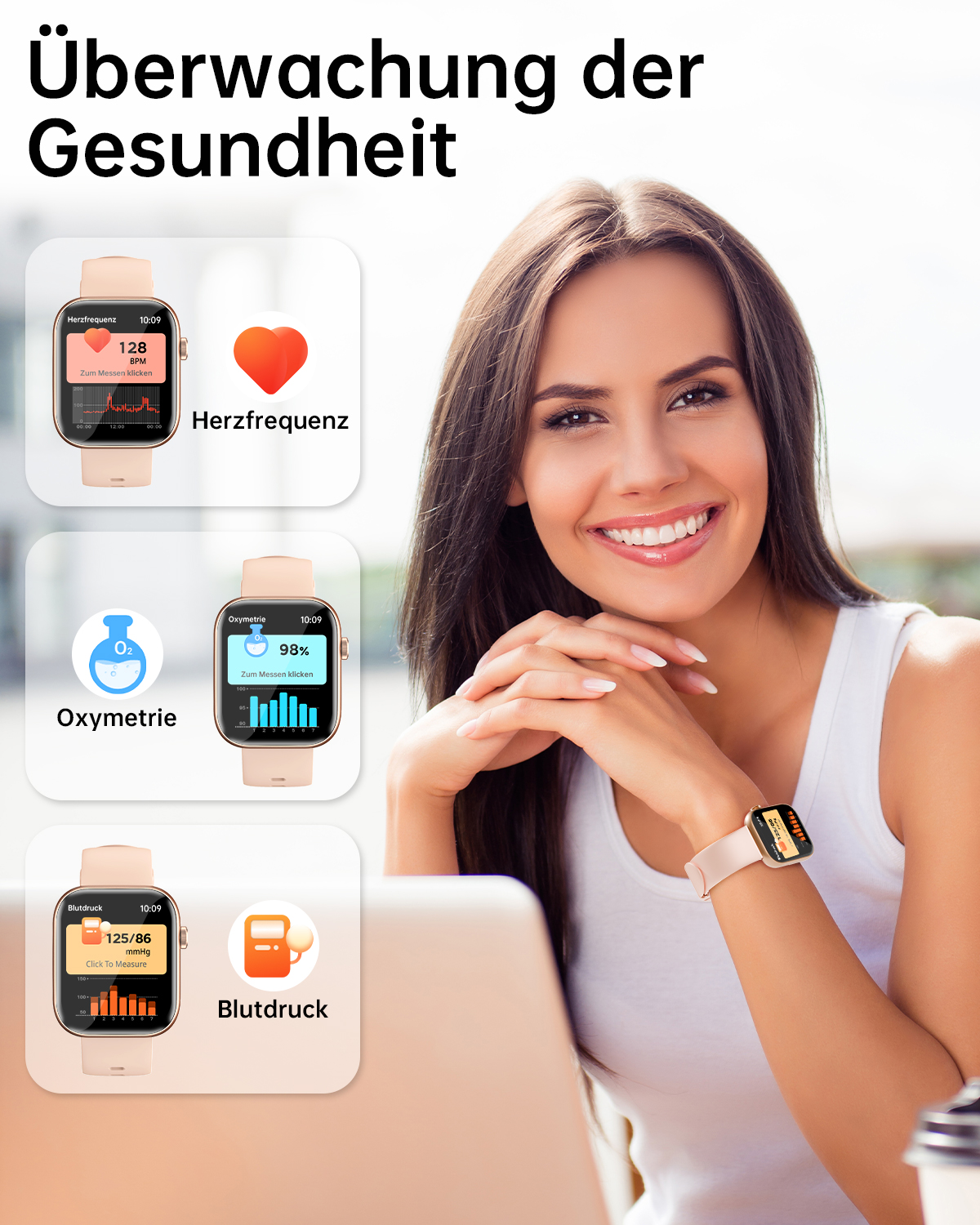 Eine Frau lächelt, während sie eine Smartwatch trägt. Drei Gesundheitsüberwachungs-Symbole werden angezeigt.