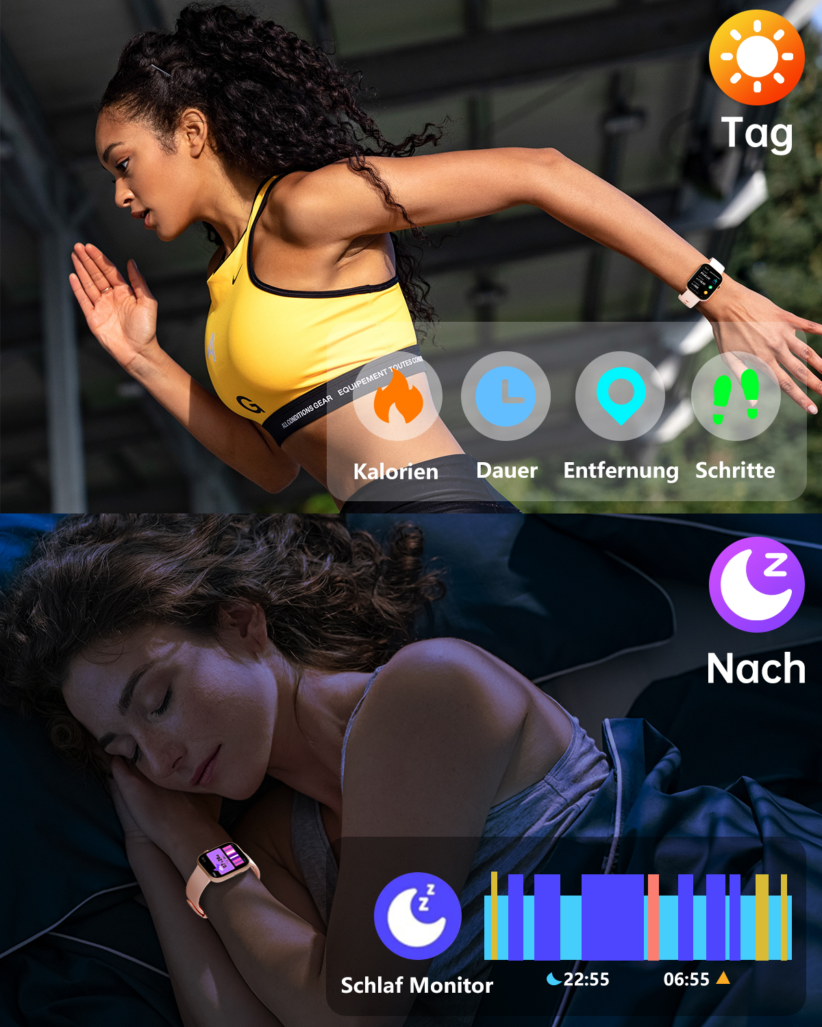 Frau mit Smartwatch, rennt und schläft. Daten auf der Uhr angezeigt. Weißer Hintergrund.