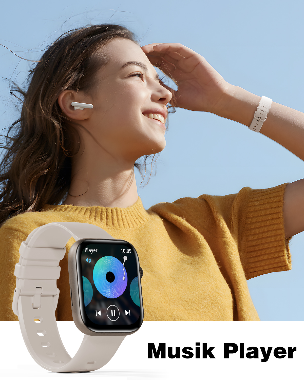 Eine Frau in Gelb mit einer Smartwatch, die eine Musik-Player-Oberfläche und weiße Ohrhörer anzeigt.