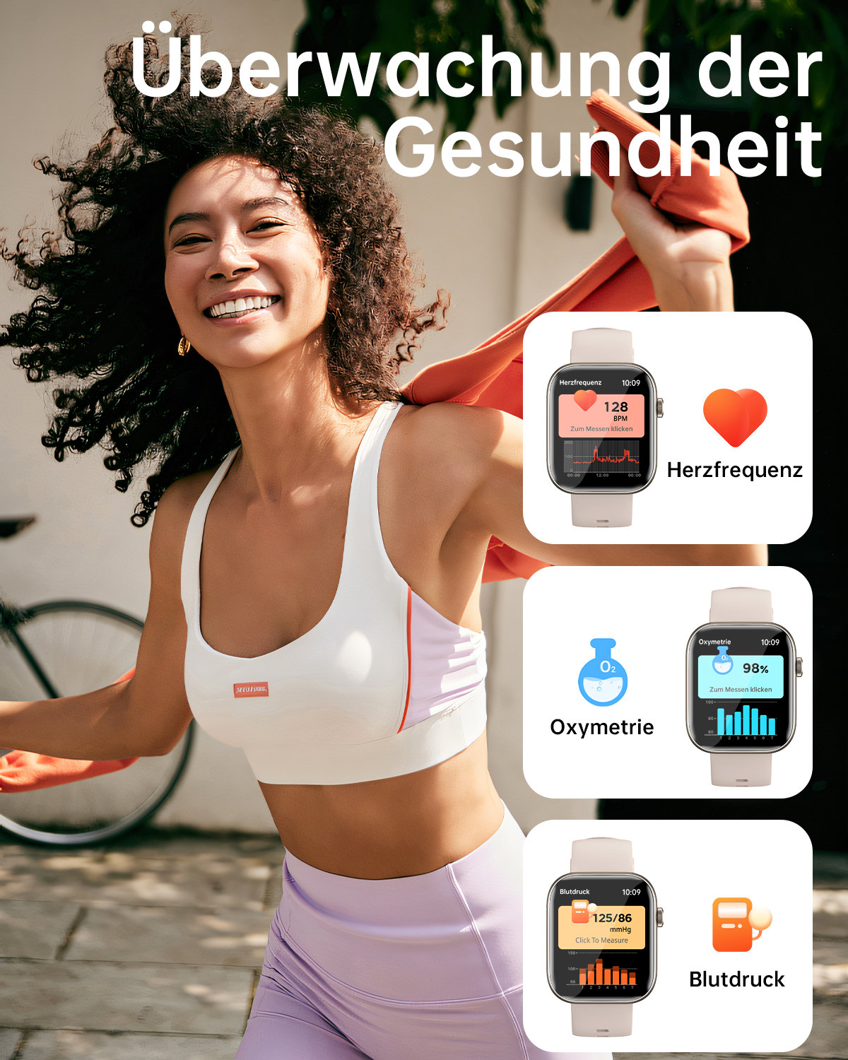 Frau mit Smartwatch, zeigt Gesundheitsmetriken: Herzfrequenz, O2 und Blutdruck.