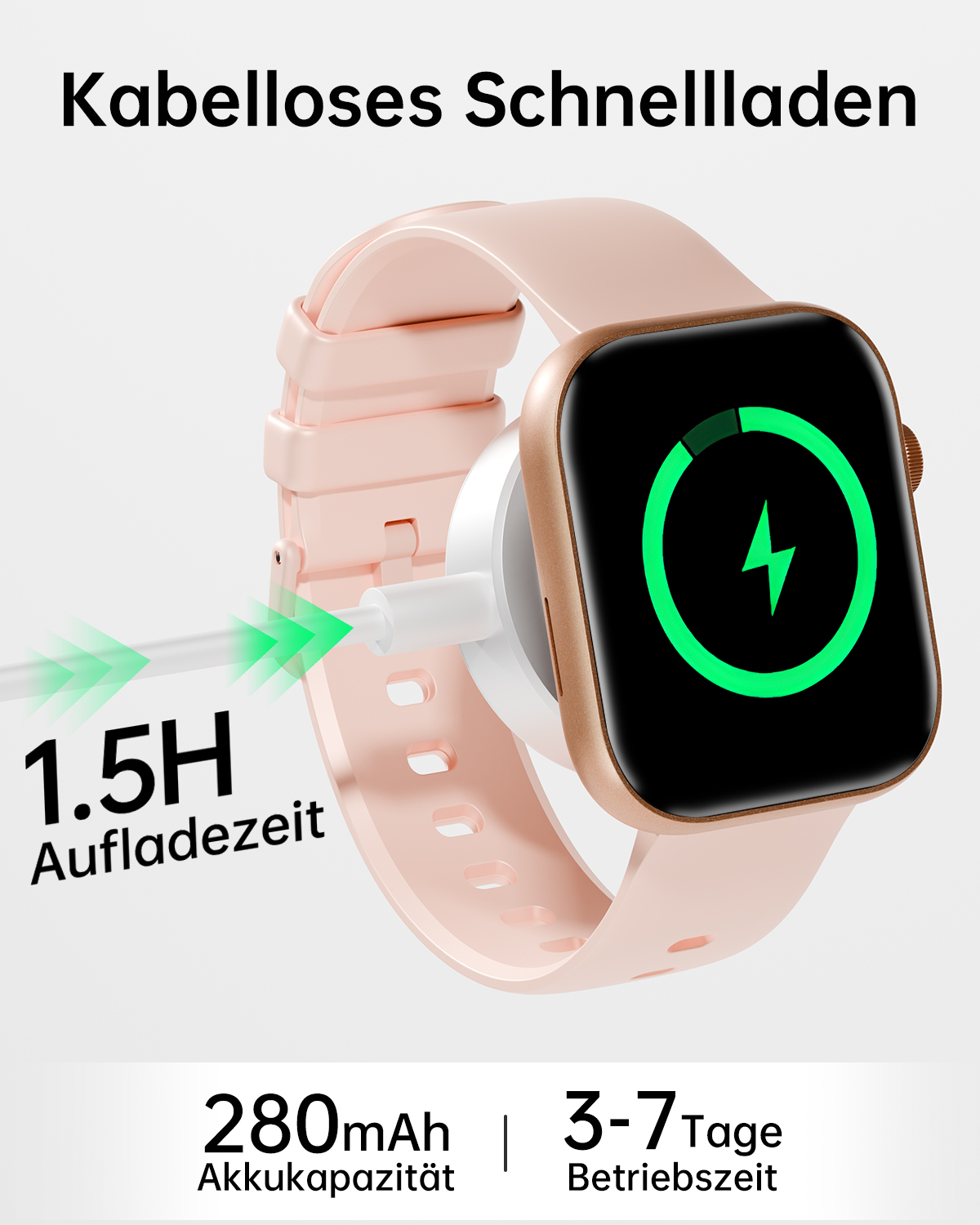 Rosafarbene Smartwatch, die lädt, zeigt 1,5 Stunden Ladezeit und 280 mAh Kapazität.