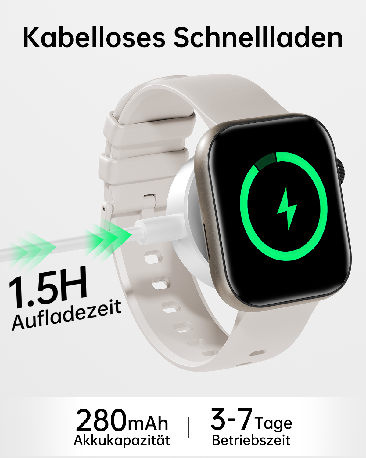 Smartwatch auf Ladegerät, grünes Blitzsymbol auf dem Display, Text zur Ladegeschwindigkeit.