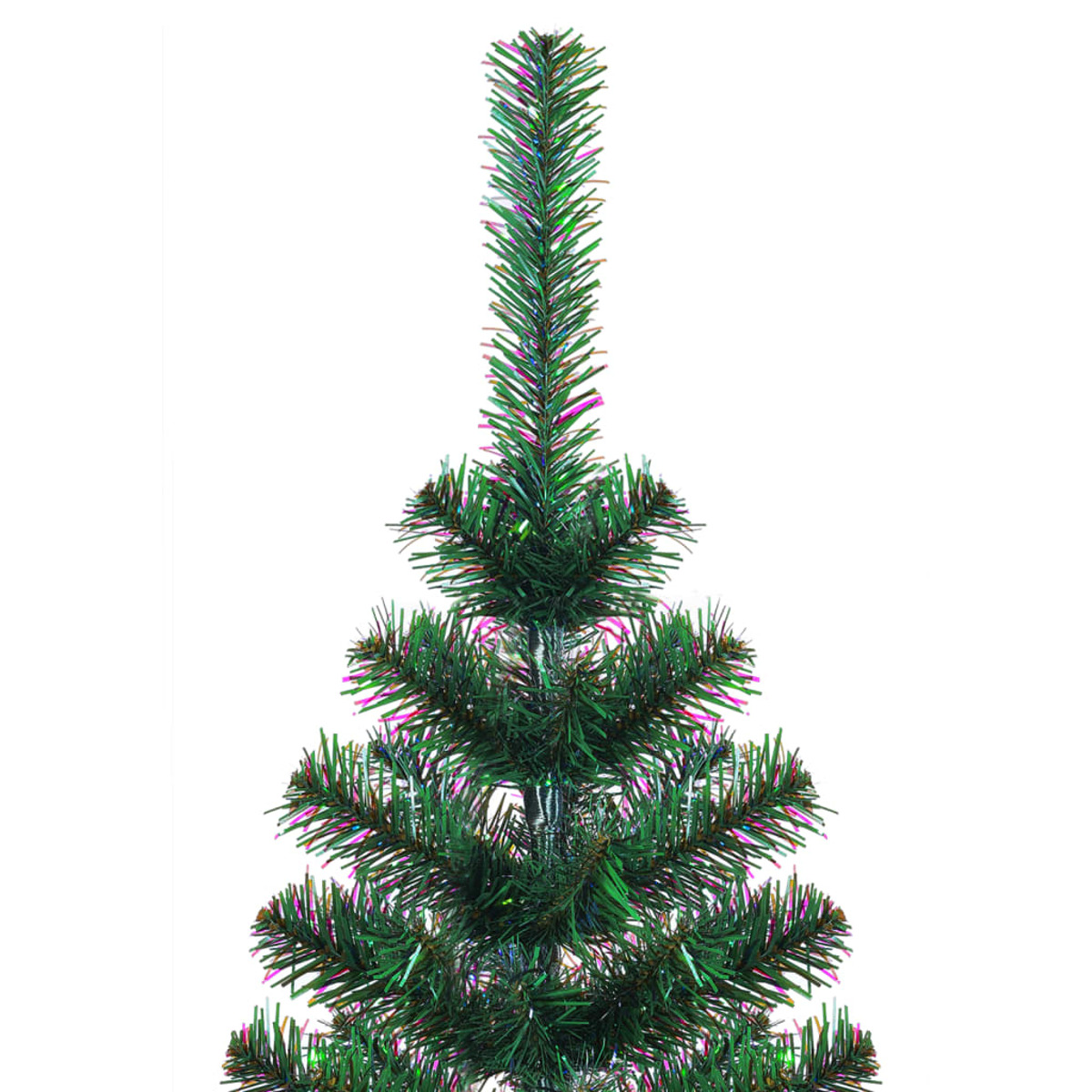 Oberteil eines künstlichen Weihnachtsbaums, grüne Äste mit farbigen Akzenten, weißer Hintergrund.