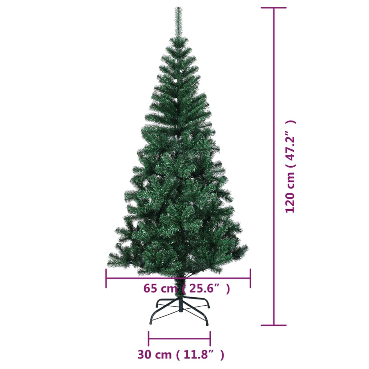 Ein grüner künstlicher Weihnachtsbaum mit Abmessungen: 120 cm Höhe, 65 cm Breite und 30 cm Basis. Schwarzer Metallständer.