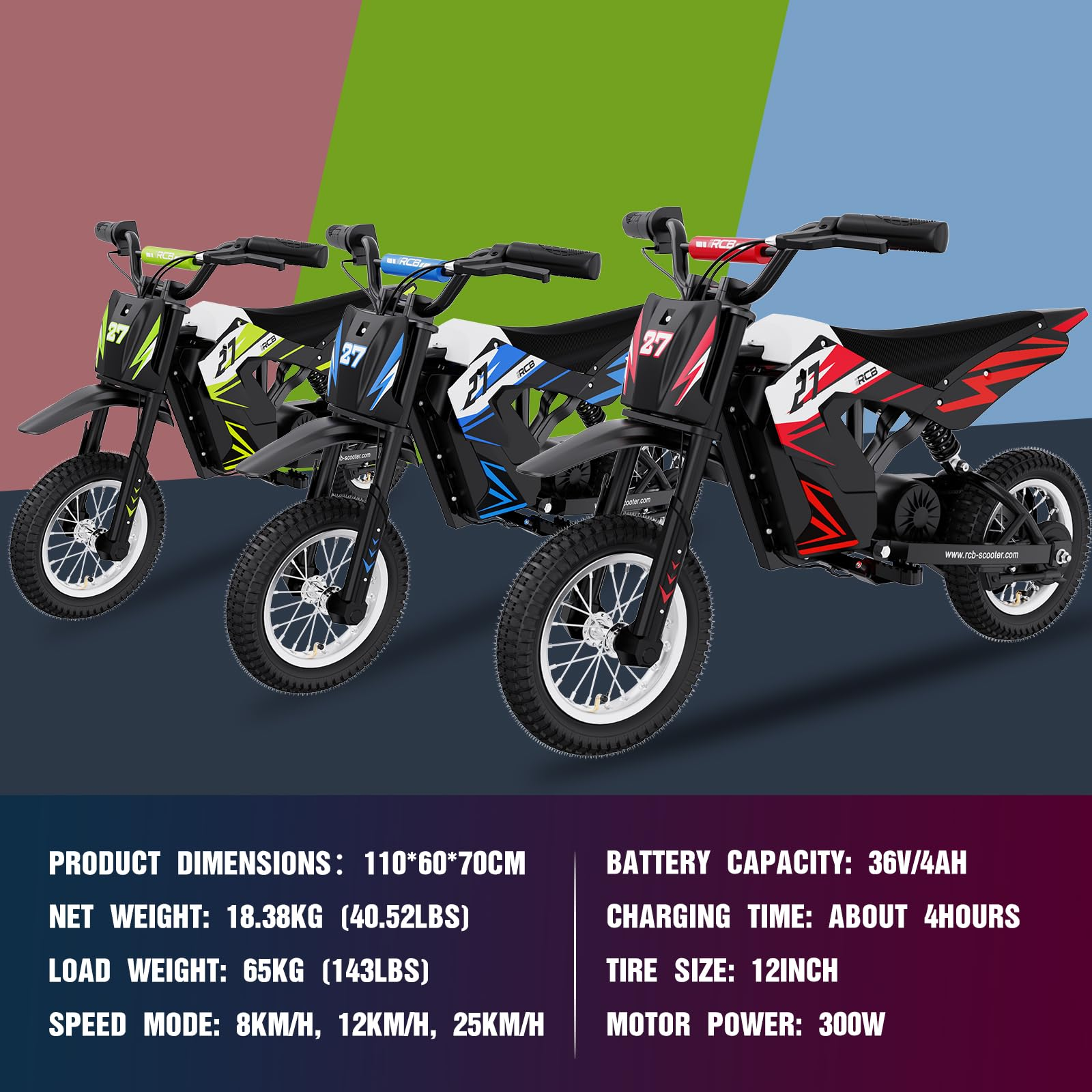 Trzy motocykle zabawki w rzędzie, czerwony, niebieski i zielony, z informacjami poniżej.