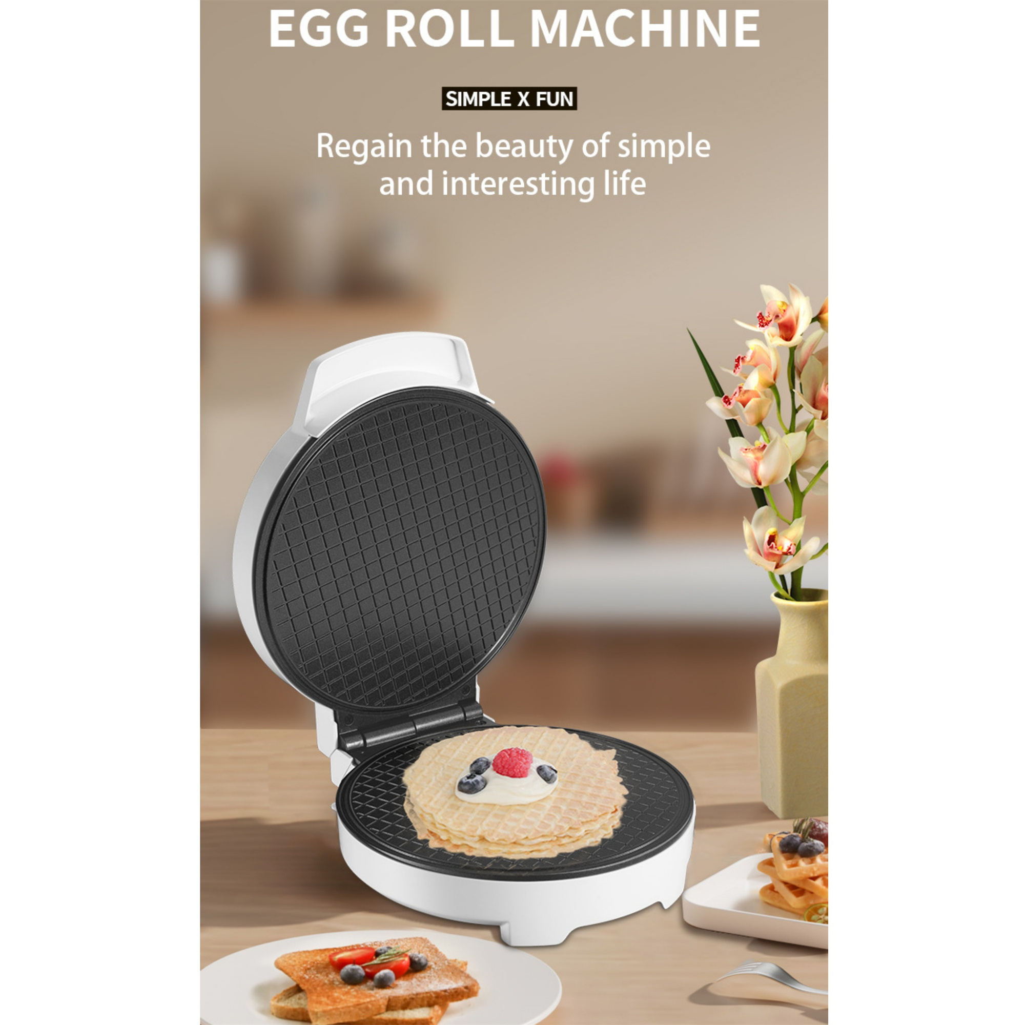 Eine Eierrollenmaschine mit einem gekochten Waffel, belegt mit Beeren und weitere Waffeln.