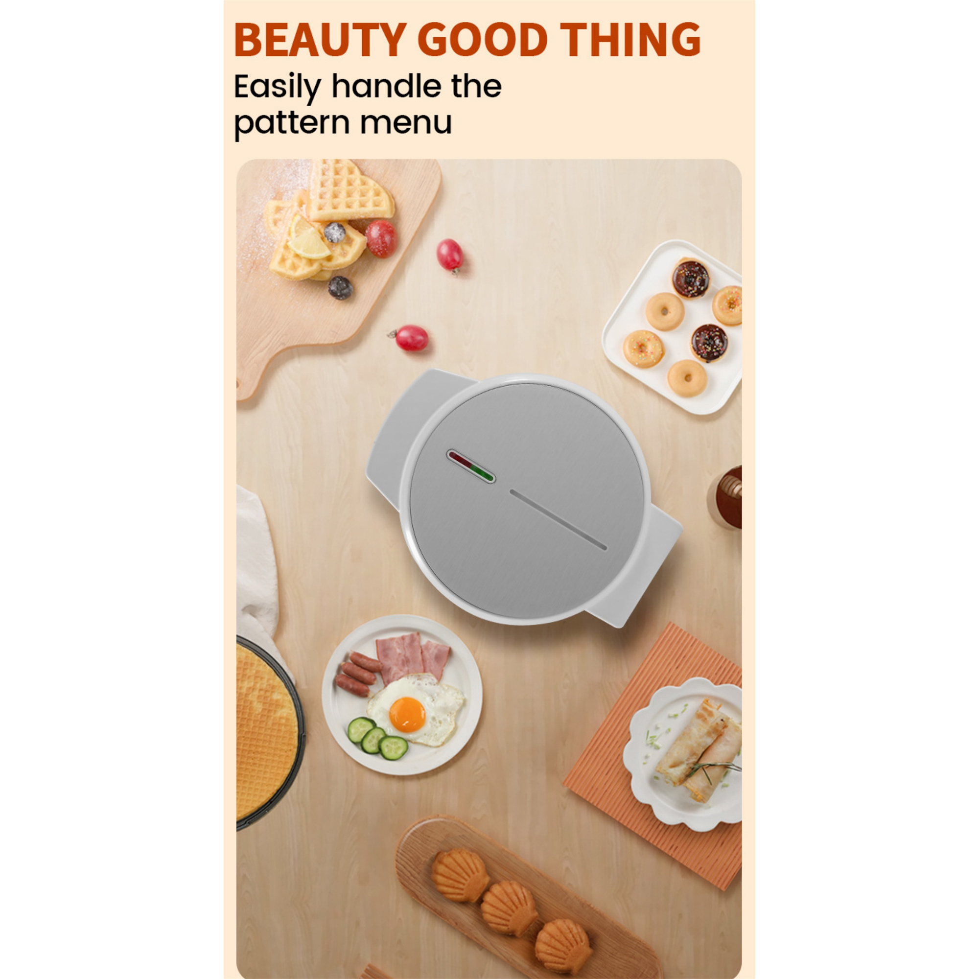 Waffeleisen mit Waffeln, Donuts und anderen Lebensmitteln auf einem Holztisch. Der Text lautet "Beauty Good Thing".