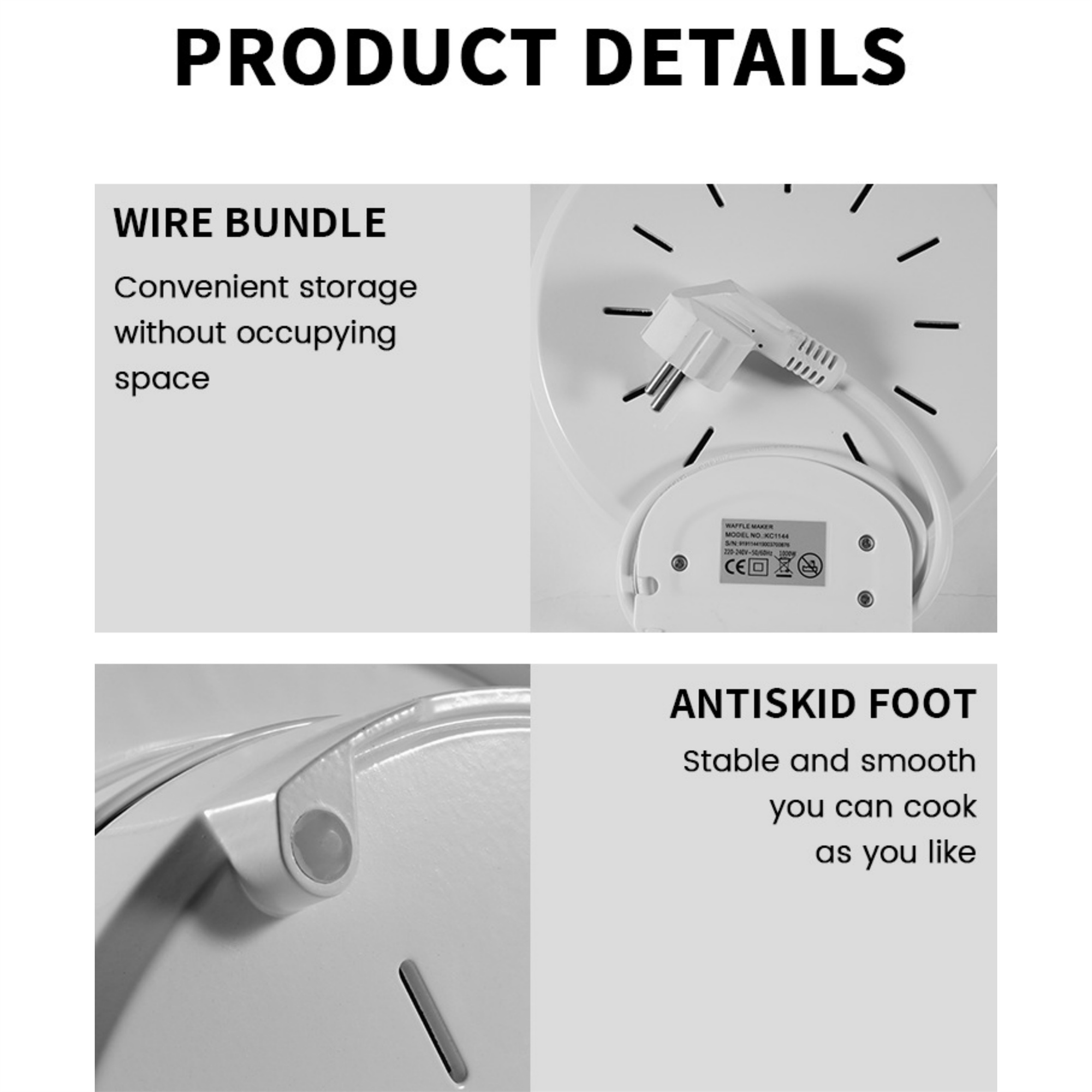Produktdetails. Das obere Bild zeigt den Stecker. Das untere Bild zeigt den Anti-Rutsch-Fuß.