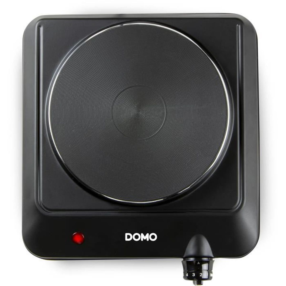 Schwarze elektrische Kochplatte mit kreisförmigem Heizelement und schwarzem Knopf. Marke: DOMO.