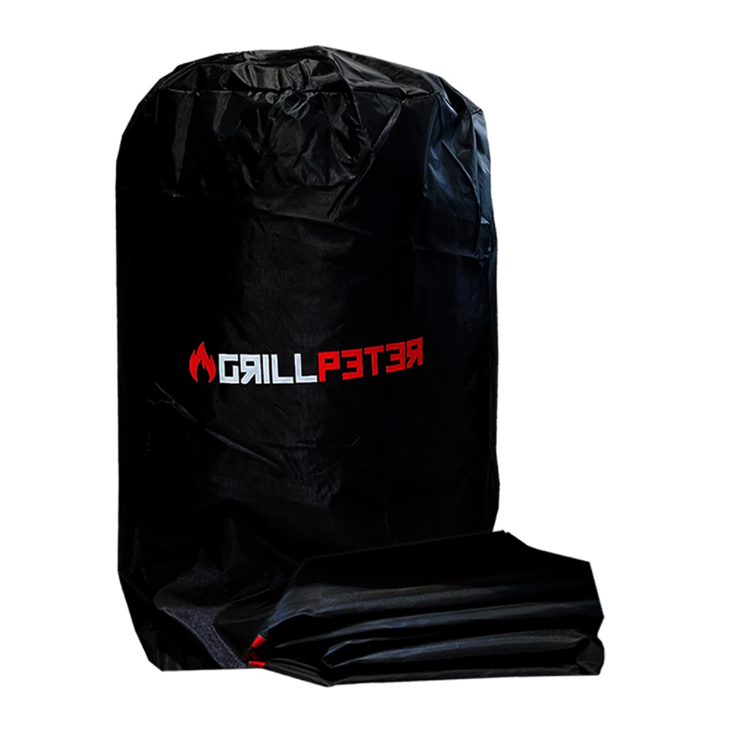 Schwarze Abdeckung mit rotem Text: Grillfeter, verkehrt herum. Weißer Hintergrund, der die gesamte Tasche zeigt.