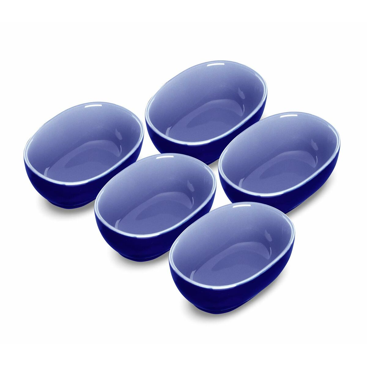 Fünf blaue, oval geformte Schalen mit weißem Rand, angeordnet auf einer weißen Oberfläche.