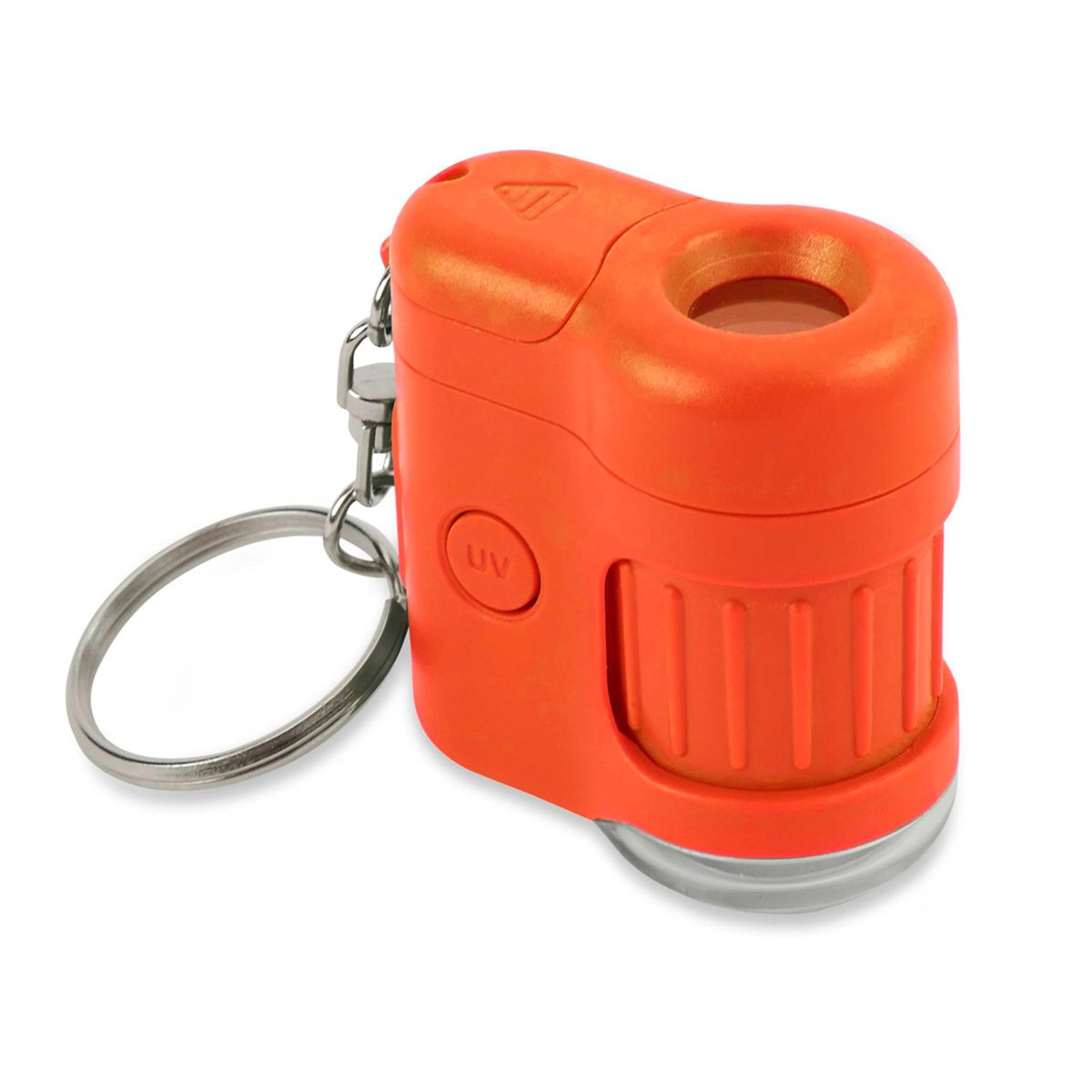 Orangenes UV-Licht im Schlüsselanhängerformat mit silbernem Ring.