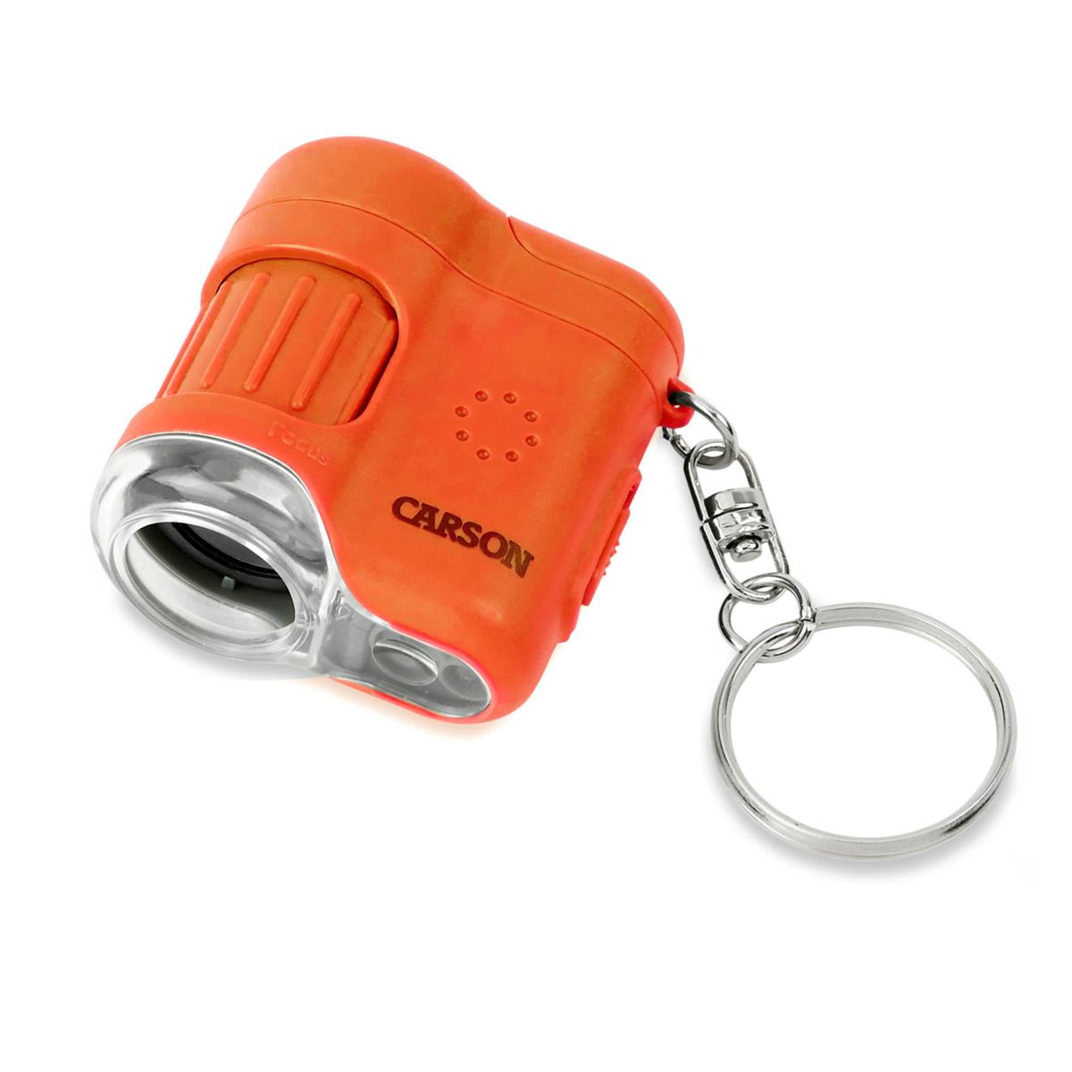 Oranges Carson-Mini-Mikroskop mit silbernem Schlüsselring auf weißem Hintergrund.